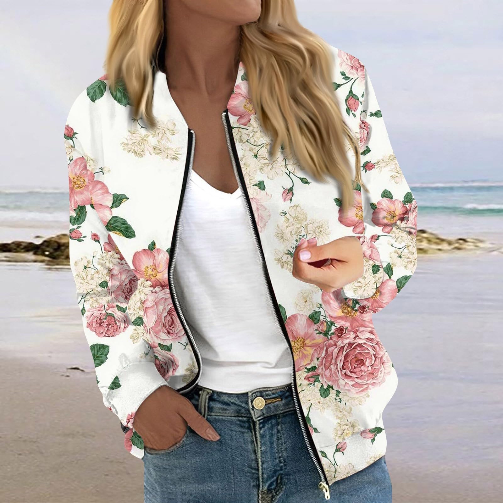Foto 6 | Chaqueta Cotecram Bomber Vintage Con Estampado Floral A Prueba De Viento Para Mujer - Venta Internacional.