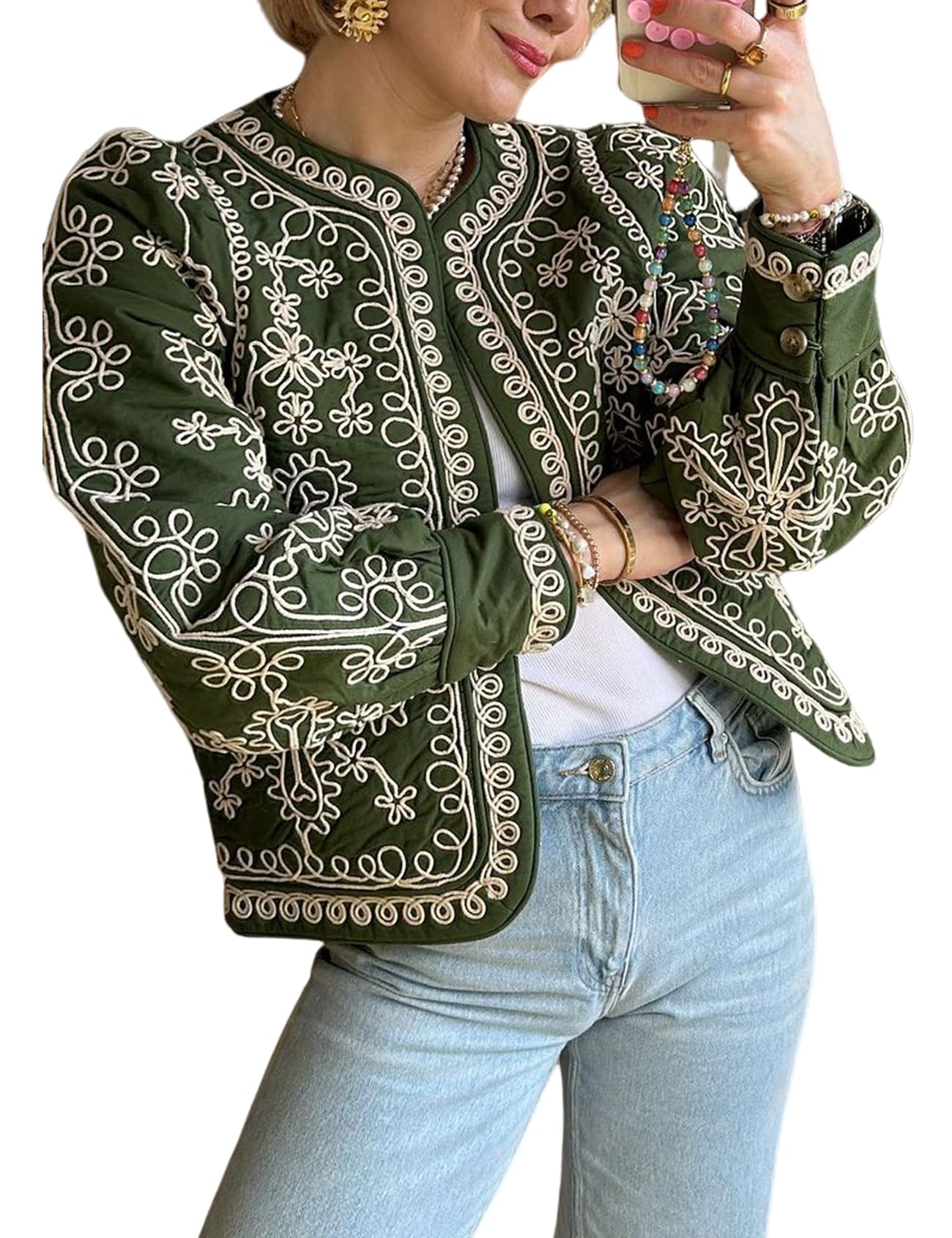 Foto 2 pulgar | Chaqueta Acolchada Yimoon Ligera Con Estampado Floral Para Mujer, Color Verde - Venta Internacional.
