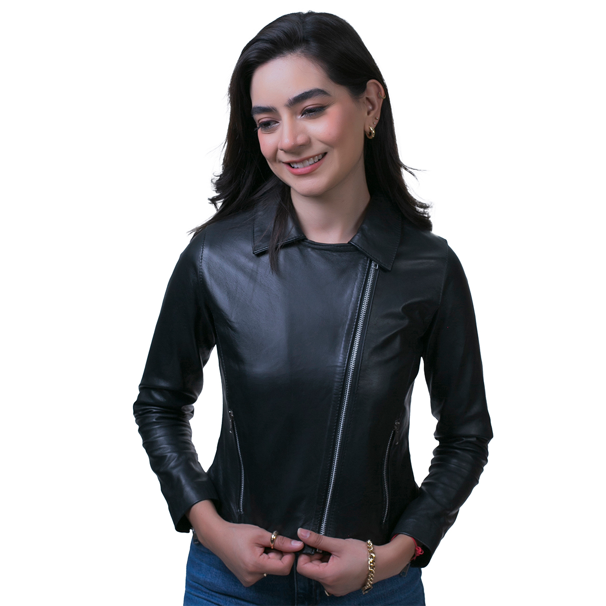 Foto 2 pulgar | Chamarra Biker Negra Castelli Slim Fit Piel Mujer Borrego