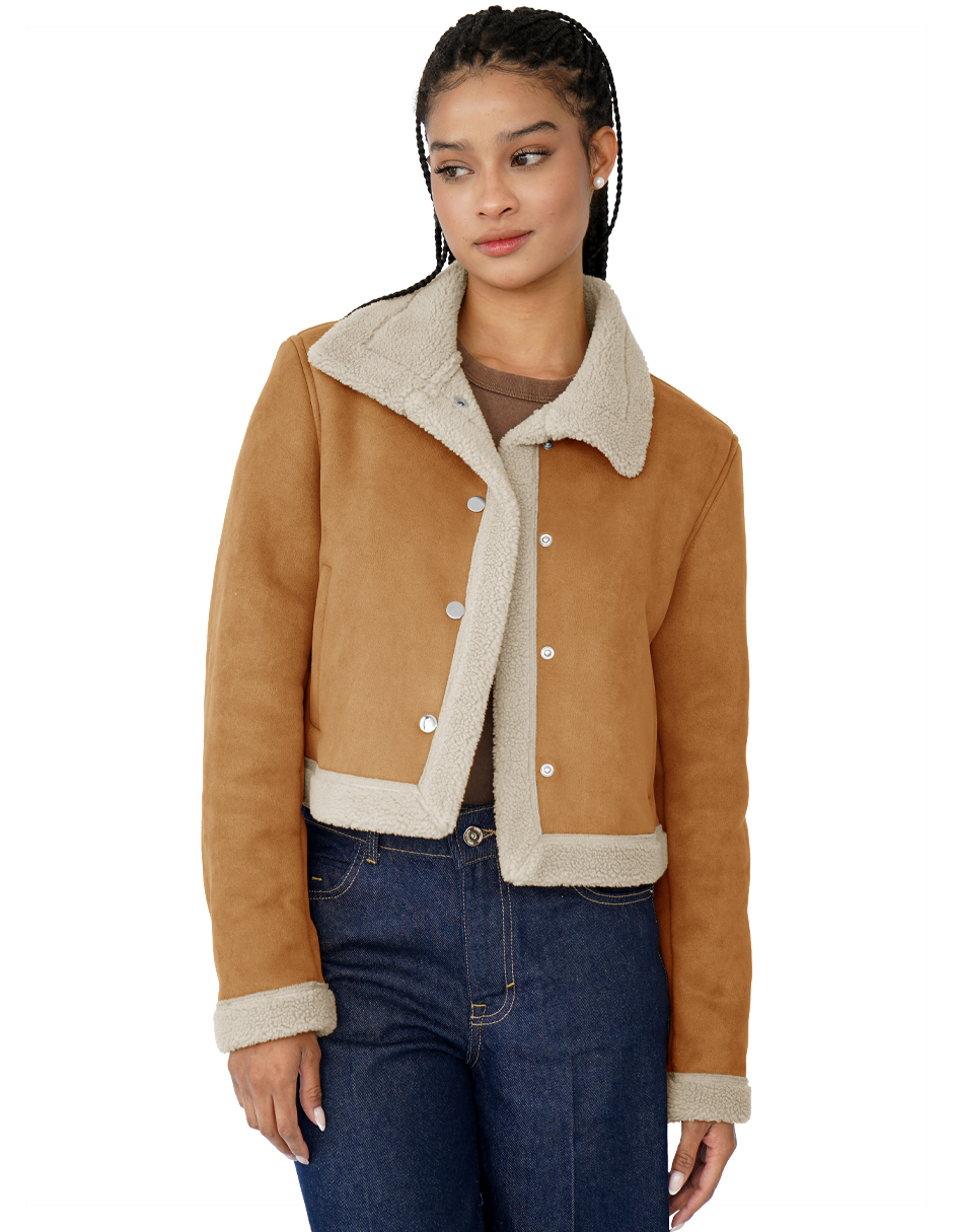 Foto 2 pulgar | Chamarra Mujer Invierno Cuello Interior Aborregado Gamuza Camel Roosevelt