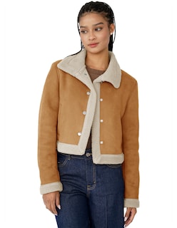 Foto 1 | Chamarra Mujer Invierno Cuello Interior Aborregado Gamuza Camel Roosevelt