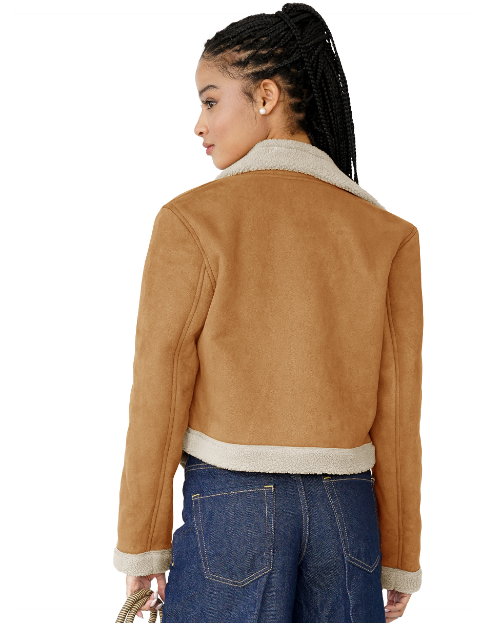 Foto 4 pulgar | Chamarra Mujer Invierno Cuello Interior Aborregado Gamuza Camel Roosevelt