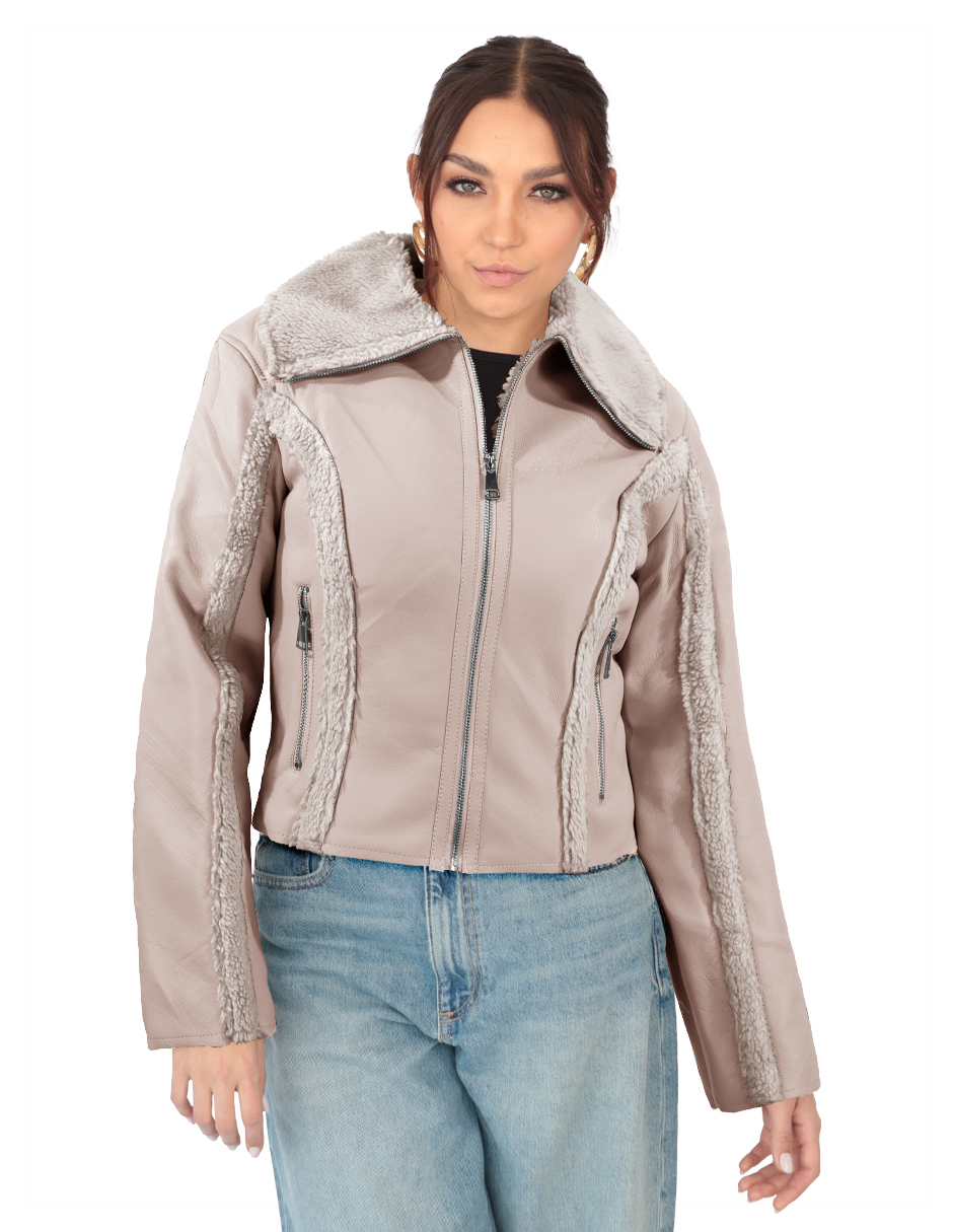 Foto 1 | Chamarra Mujer Vinipiel Cuello Aborregado Beige Roosevelt A224