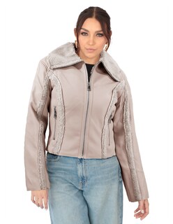 Foto 1 | Chamarra Mujer Vinipiel Cuello Aborregado Beige Roosevelt A224