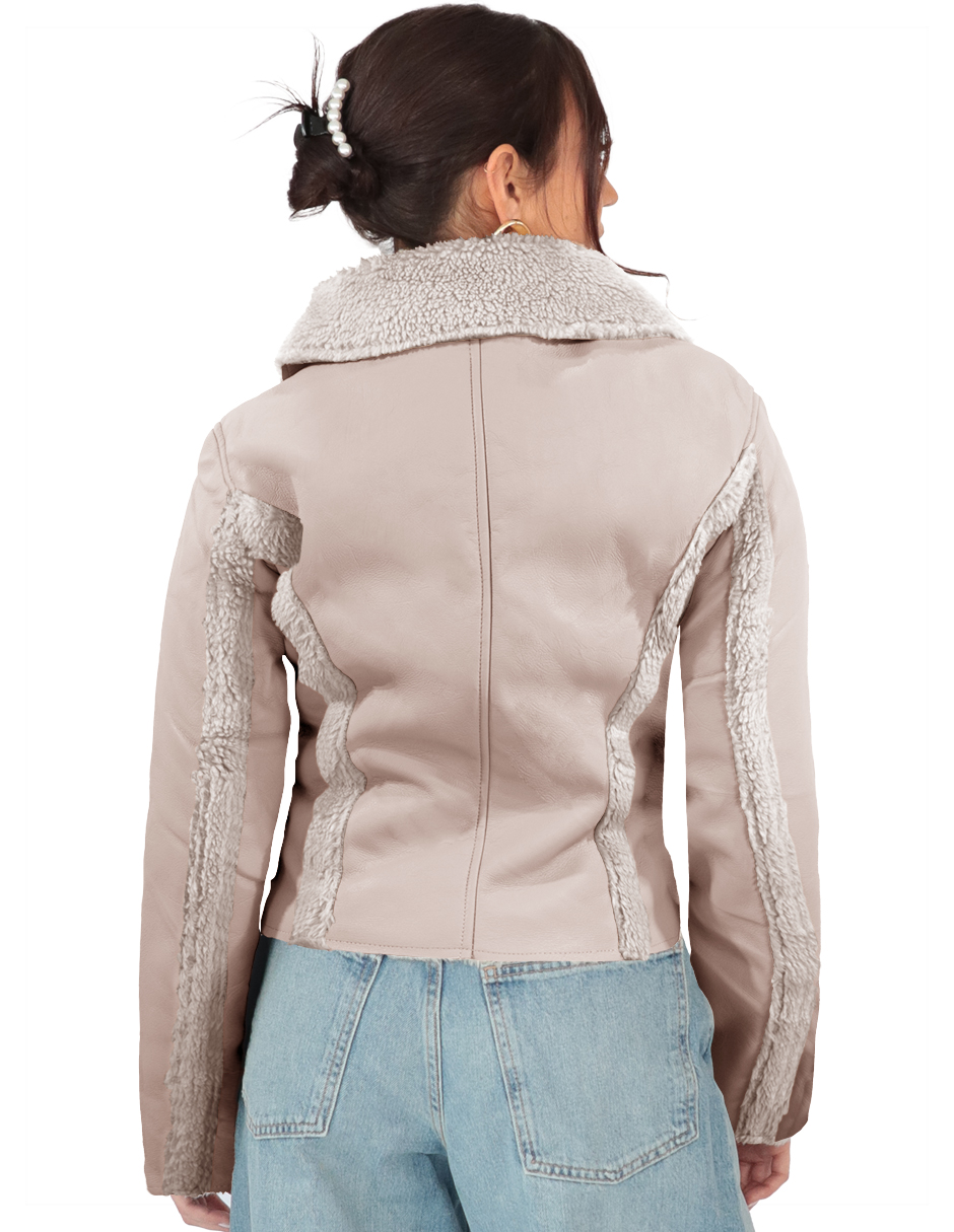 Foto 4 | Chamarra Mujer Vinipiel Cuello Aborregado Beige Roosevelt A224