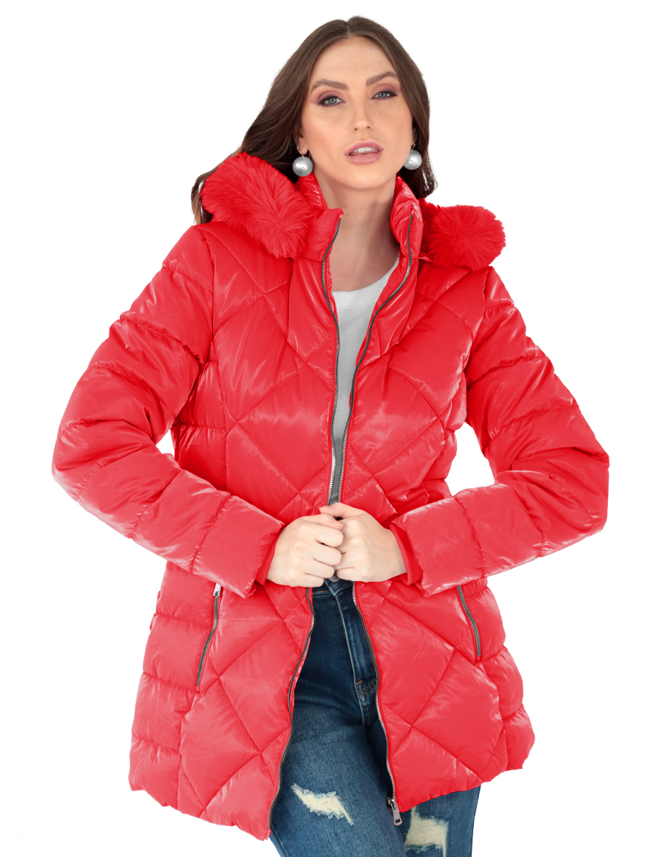 Foto 2 pulgar | Chamarra Cazadora Mujer Con Gorro Capitonada Rojo Roosevelt A267