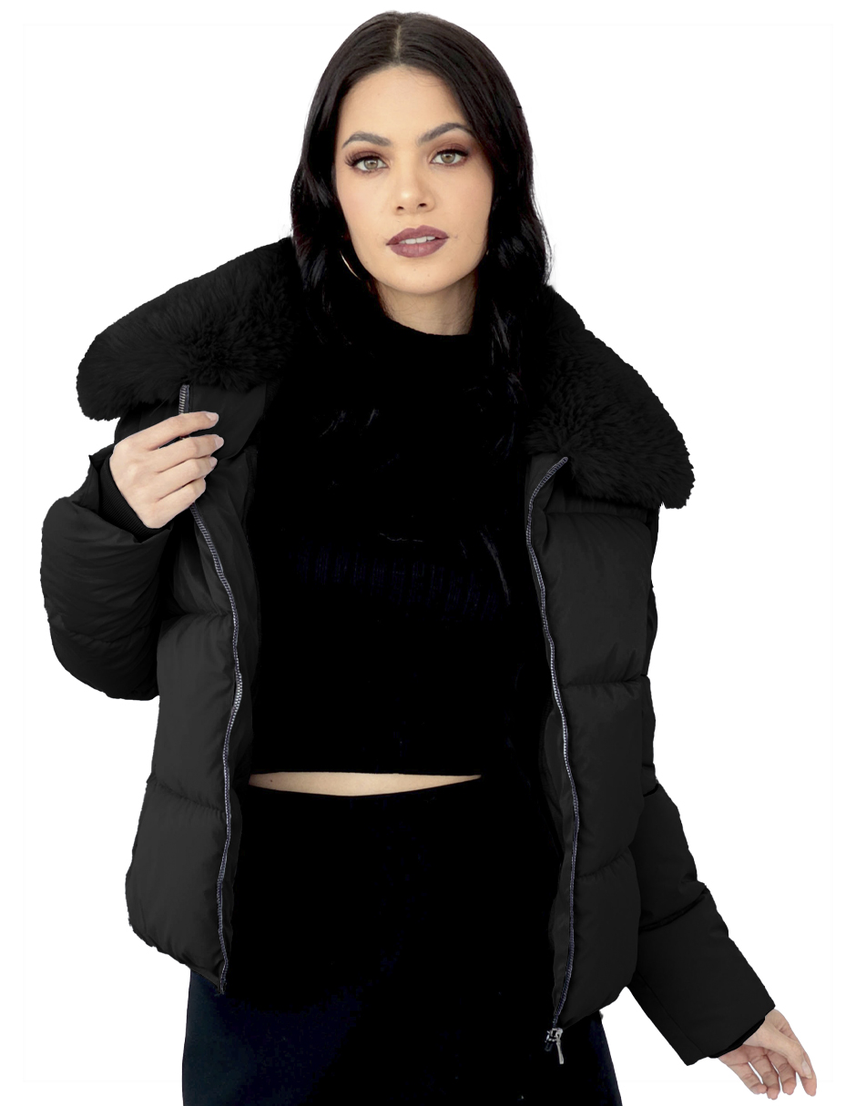 Foto 3 | Chamarra Mujer Cuello Con Peluche Acolchada Negro Roosevelt A273