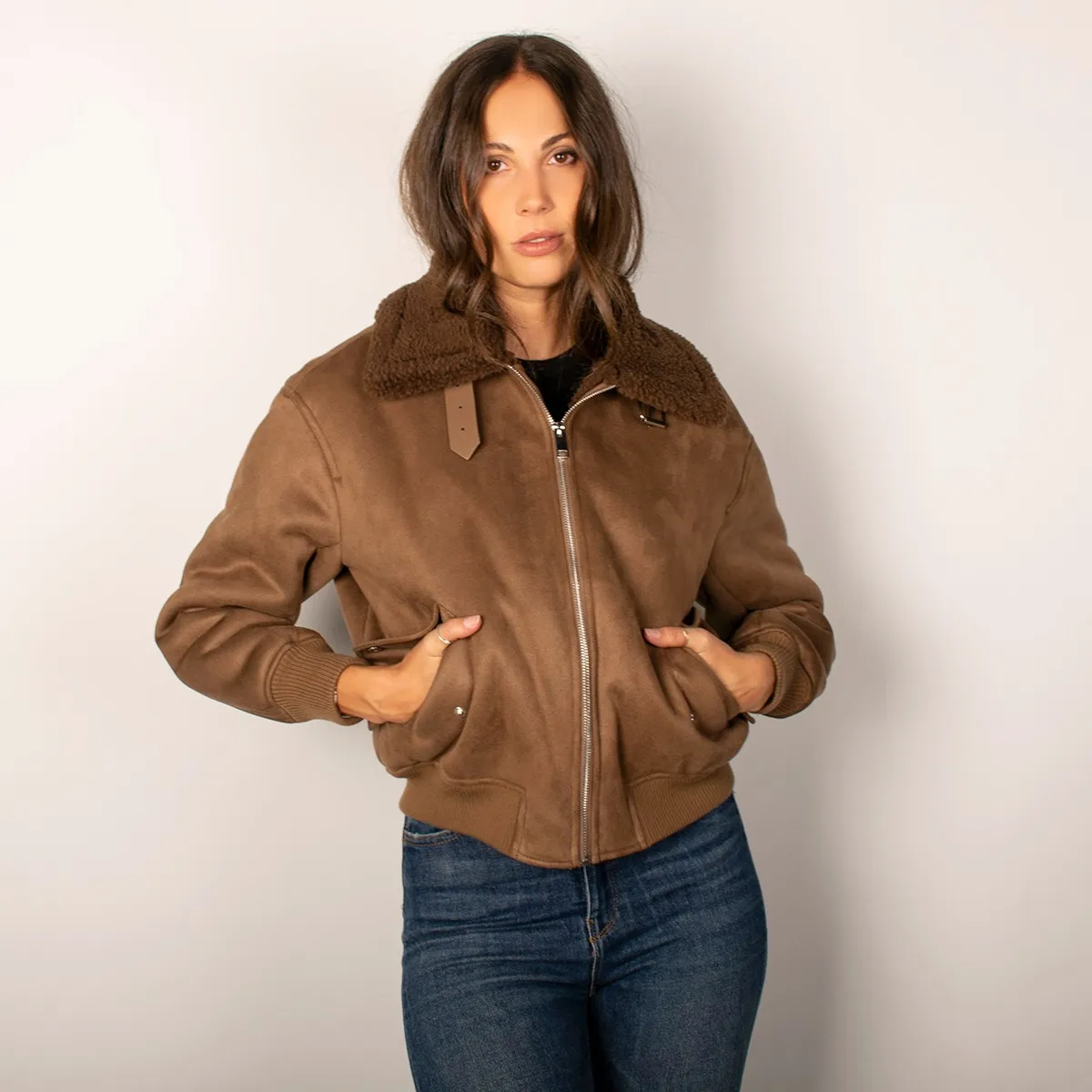 Foto 2 pulgar | Chamarra Greenlander De Mujer Gamuza Estilo Biker Con Forro Polar