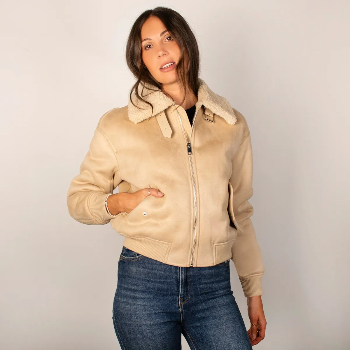Foto 2 pulgar | Chamarra Greenlander De Mujer Gamuza Estilo Biker Con Forro Polar