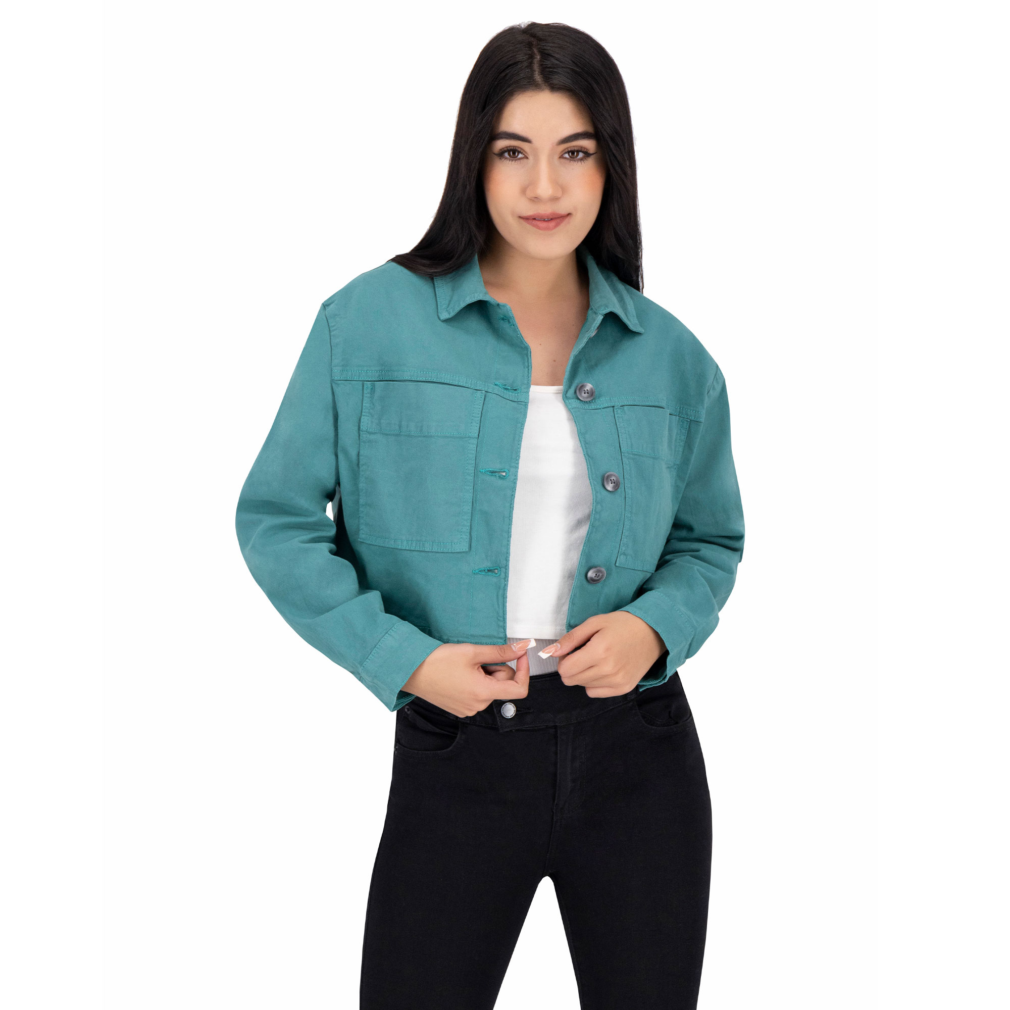 Foto 2 pulgar | Chamarra Crop Britos Jeans Verde Gabardina 025347 para Mujer