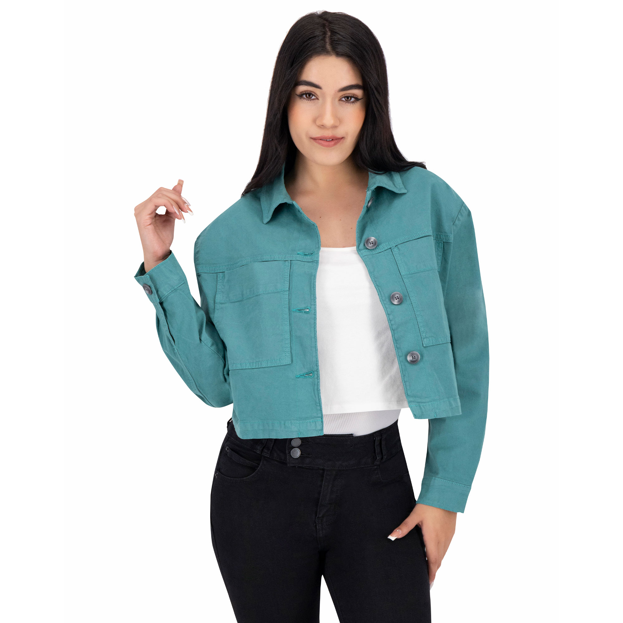 Foto 4 pulgar | Chamarra Crop Britos Jeans Verde Gabardina 025347 para Mujer