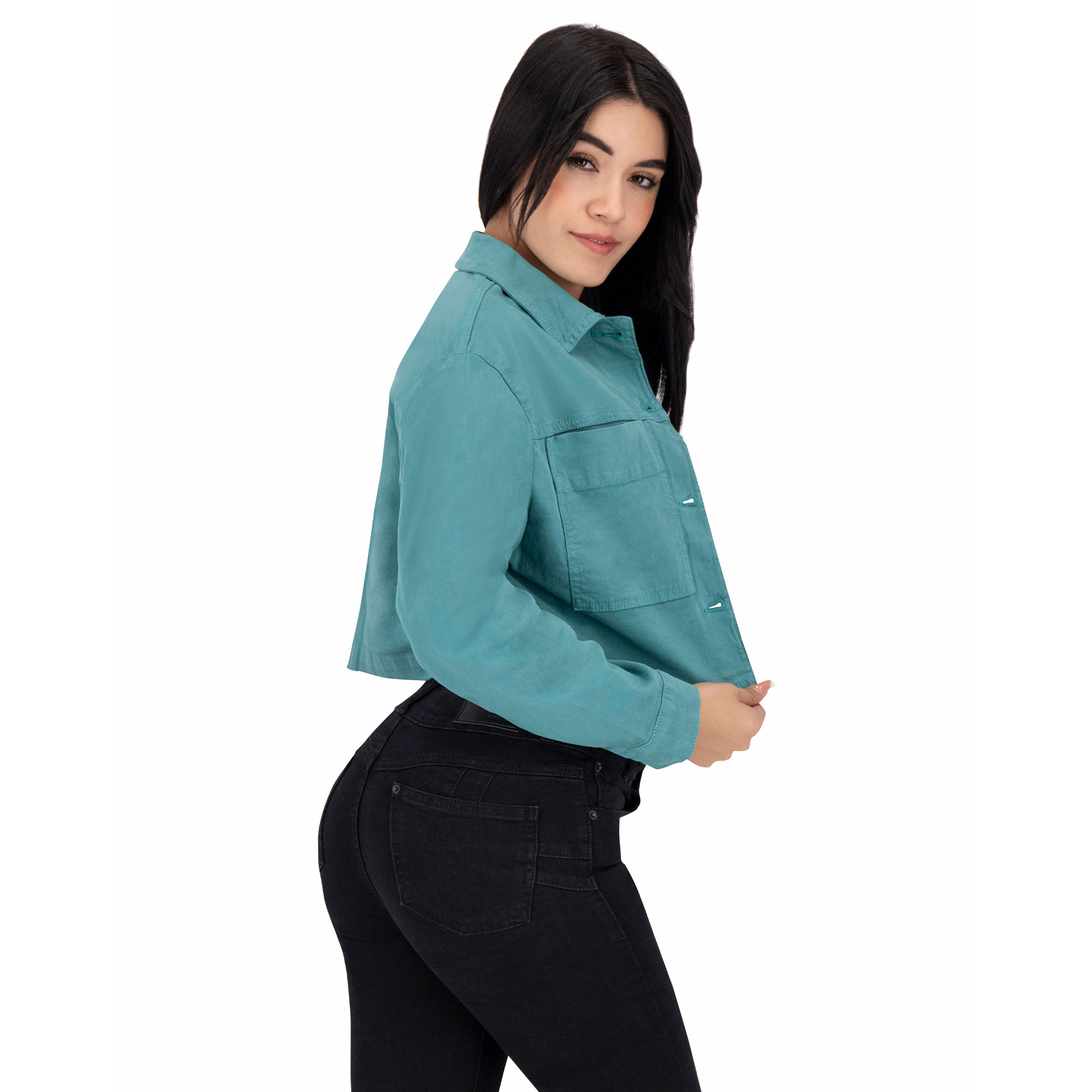 Foto 5 pulgar | Chamarra Crop Britos Jeans Verde Gabardina 025347 para Mujer