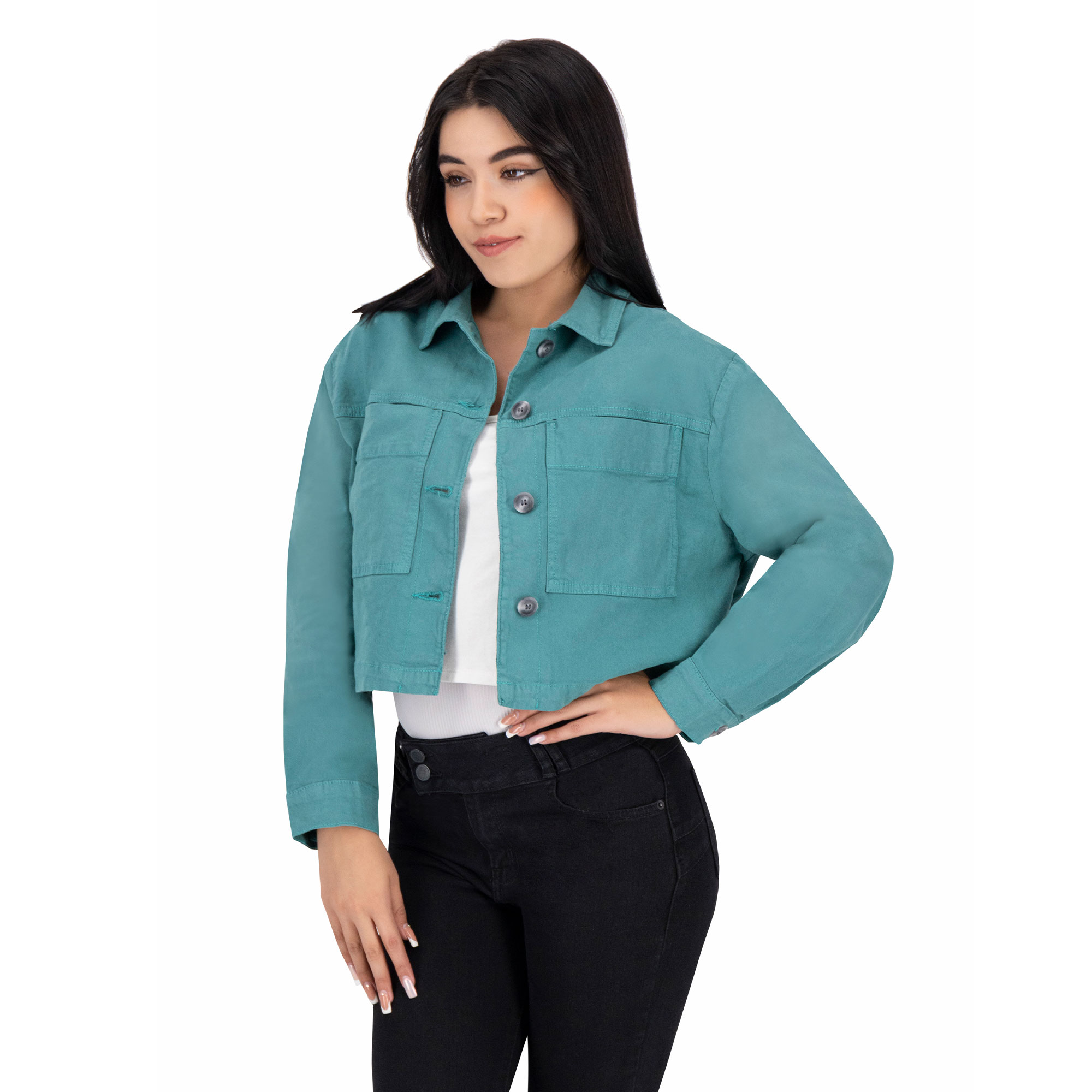 Foto 6 pulgar | Chamarra Crop Britos Jeans Verde Gabardina 025347 para Mujer