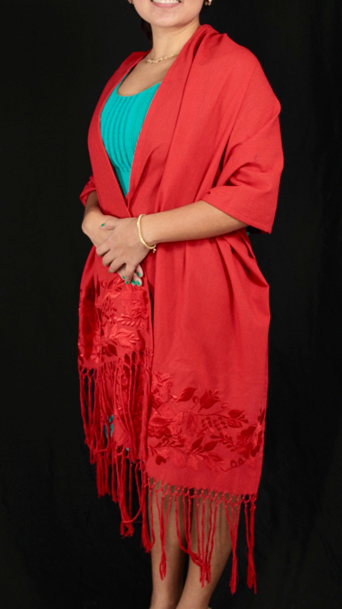 Foto 3 pulgar | Rebozo Chal Yucateco Artesanal Rojo Bordado A Mano