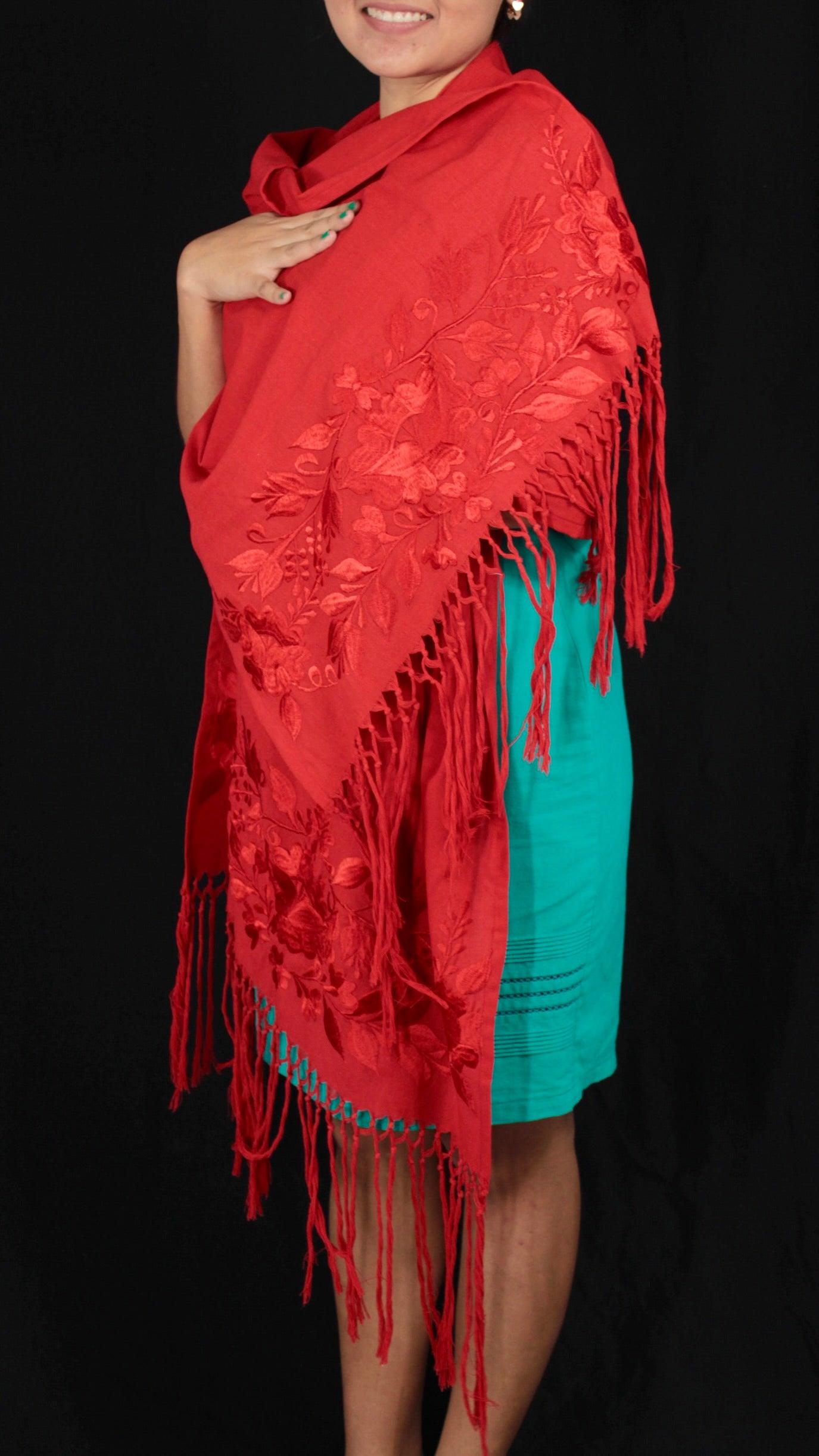Foto 4 pulgar | Rebozo Chal Yucateco Artesanal Rojo Bordado A Mano