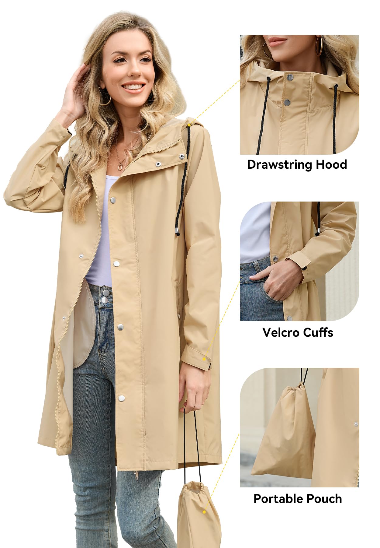 Foto 4 | Chubasquero Zando, Largo, Impermeable, Para Mujer, Color Caqui Claro, Talla L - Venta Internacional.
