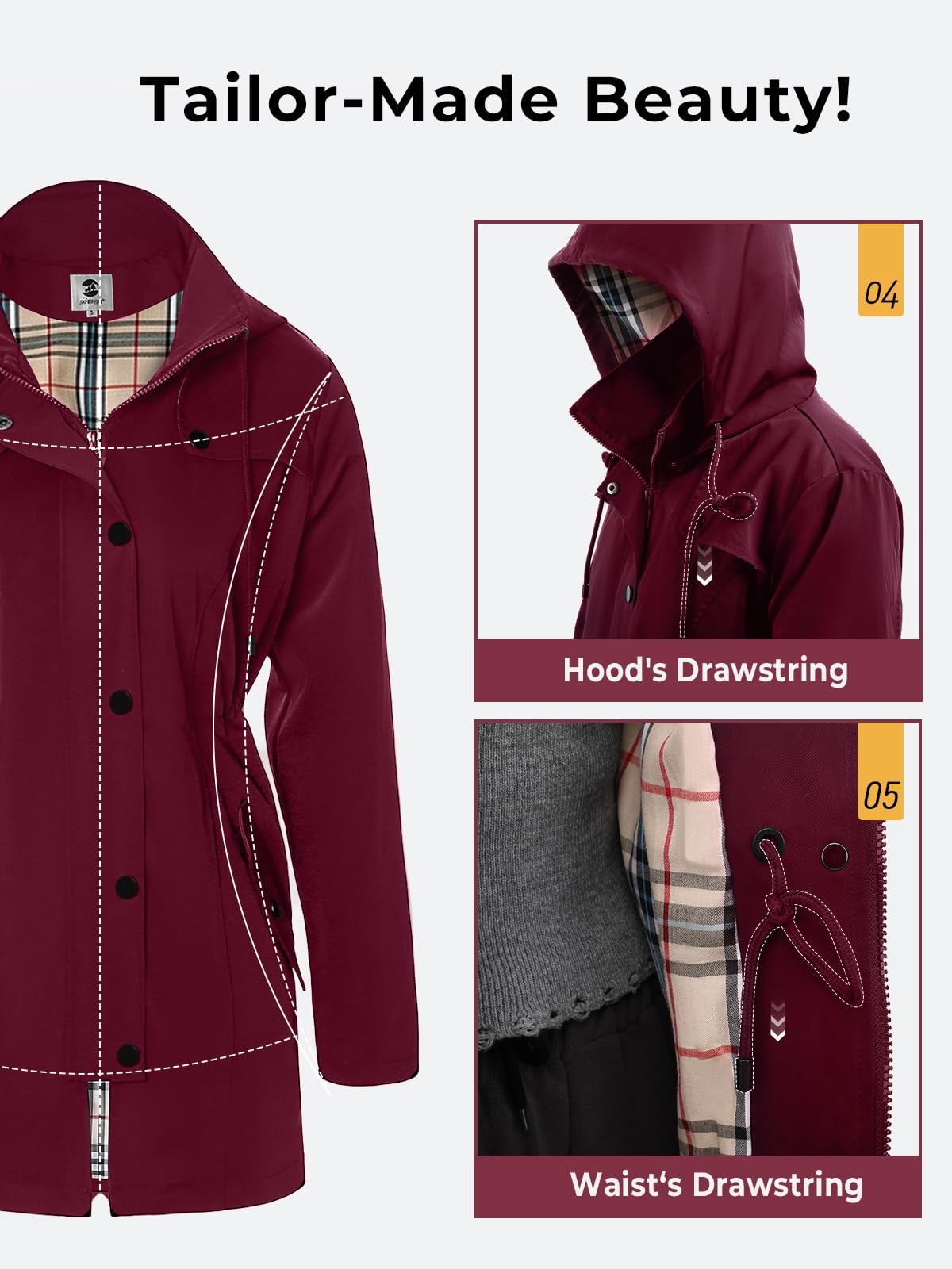 Foto 6 pulgar | Chaqueta Impermeable Saphirose Para Mujer Con Capucha Larga, Color Burdeos, Talla Xl - Venta Internacional.
