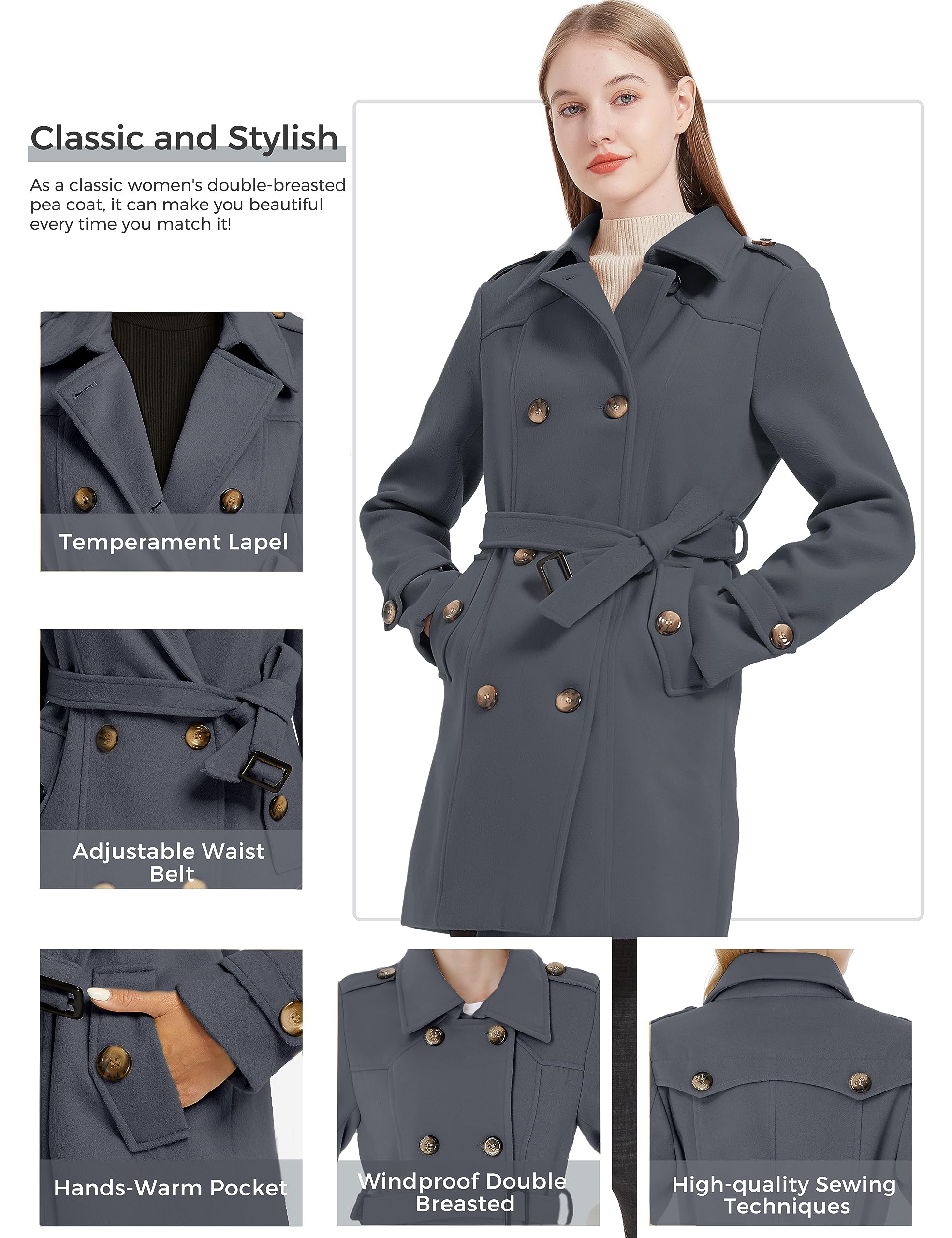 Foto 6 pulgar | Gabardina Wantdo Para Mujer, Doble Botonadura, Color Gris Primaveral, Xl - Venta Internacional.