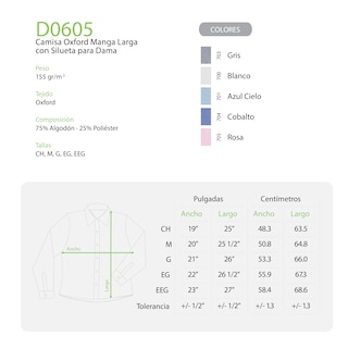Foto 3 | Camisa Oxford Manga Larga Para Dama, Color Cobalto, 75% Algodón Y 25% Poliéster.