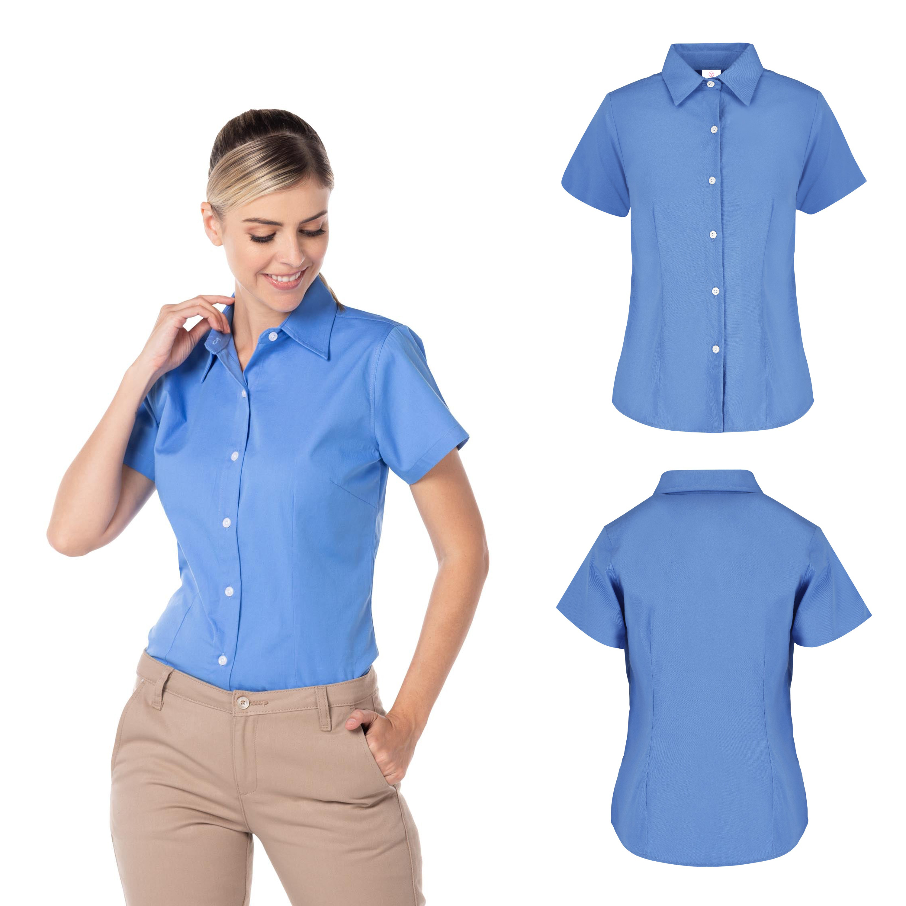Foto 3 pulgar | Camisa De Gabardina Manga Corta color Azul Francia,  50% Algodón Y 50% Poliéster  para Dama