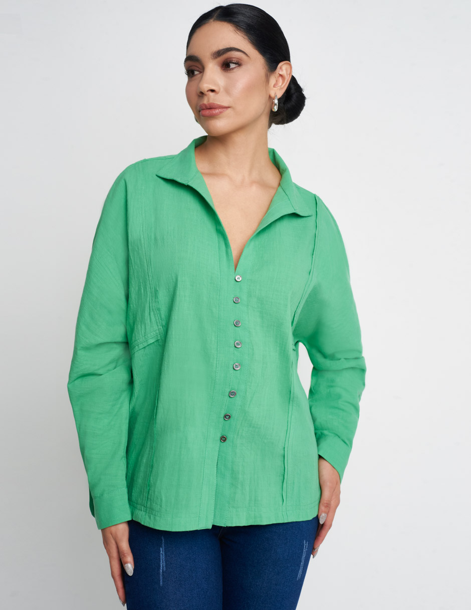 Camisa Devendi Color Verde Algodón Amplia