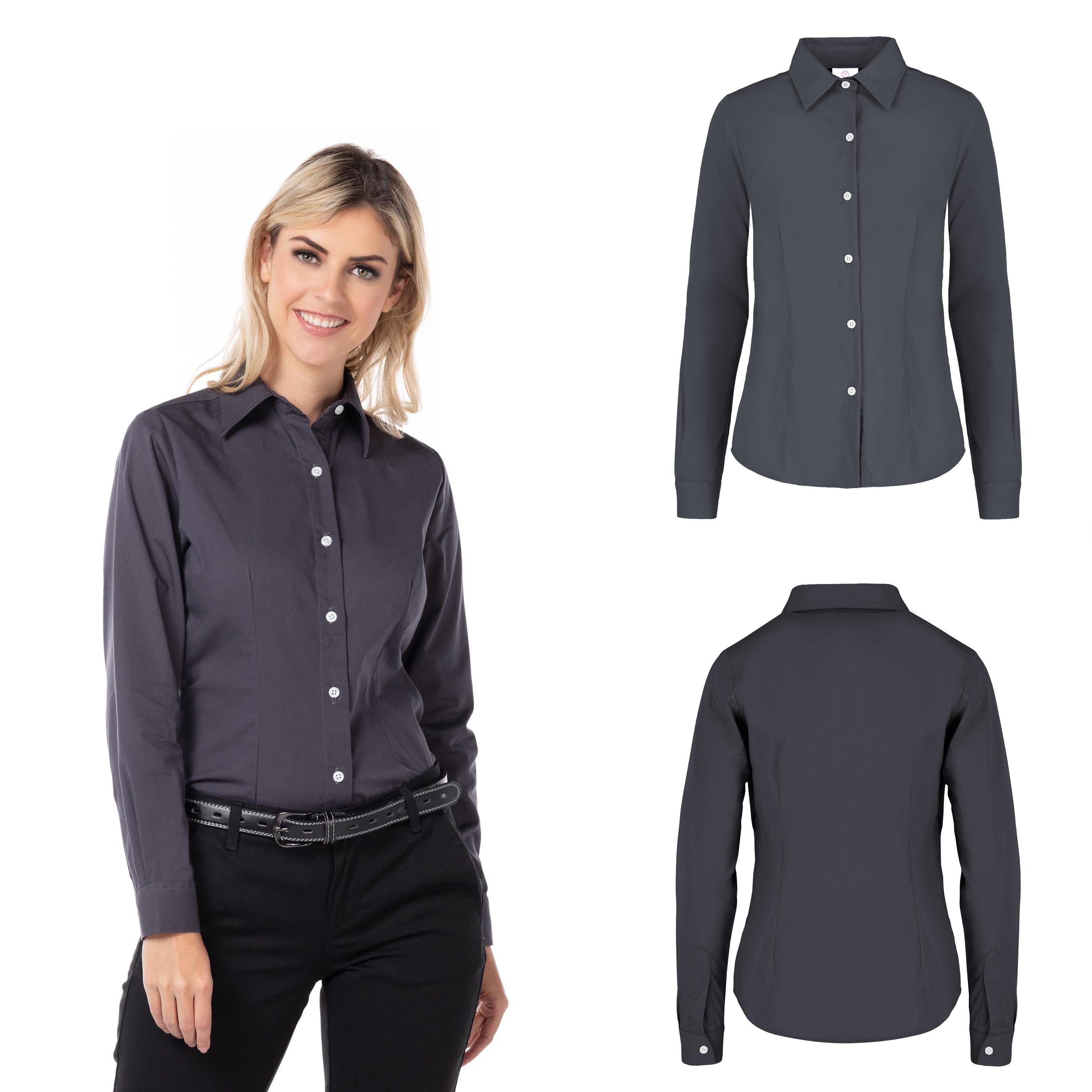 Foto 3 pulgar | Camisa de Gabardina Yazbek Manga Larga Gris para Dama