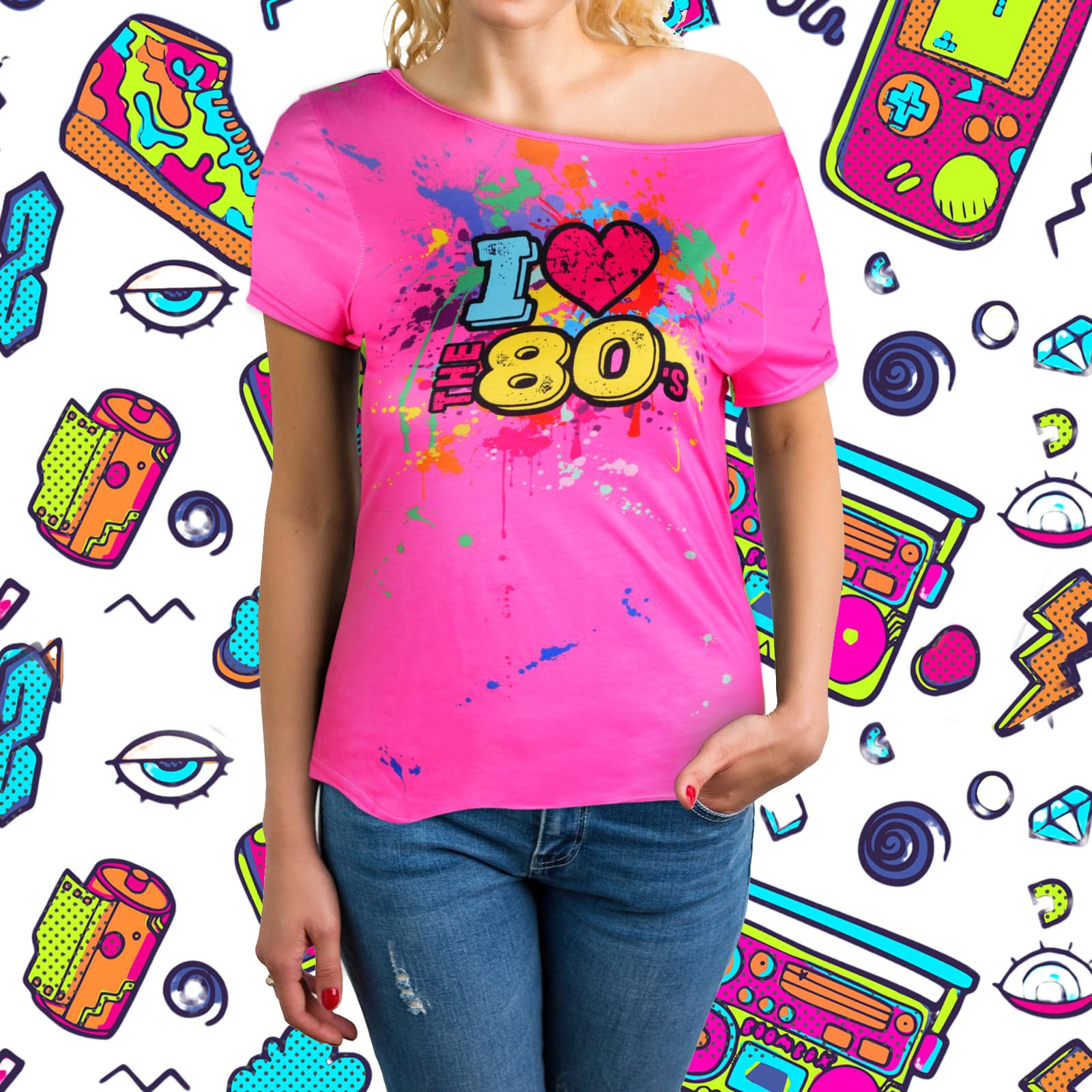 Foto 7 pulgar | Camiseta Con Hombros Descubiertos Costume Geyoga I Love The 80's Para Mujer - Venta Internacional.