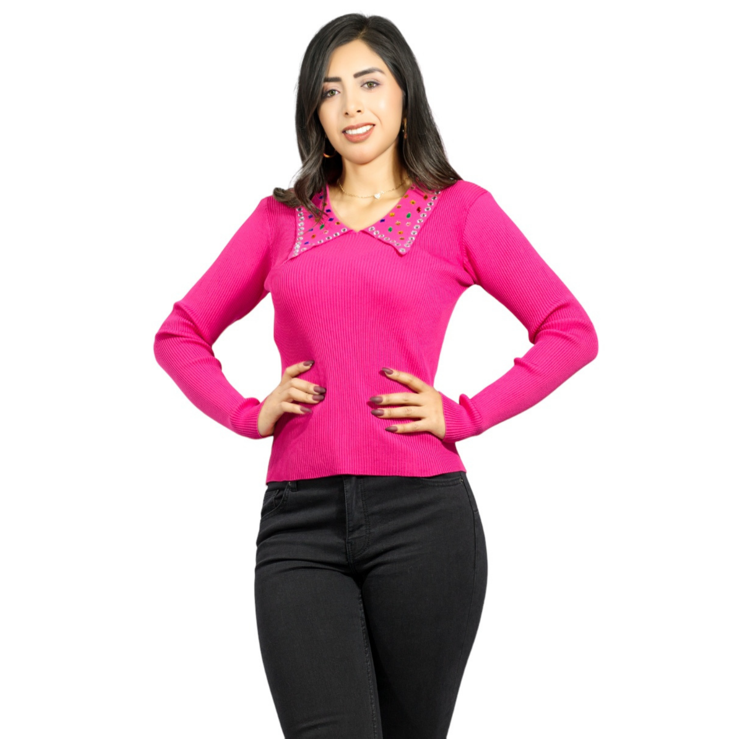 Foto 2 pulgar | Sueter Casual De Mujer Suet-1028 Fucsia Cuello En V