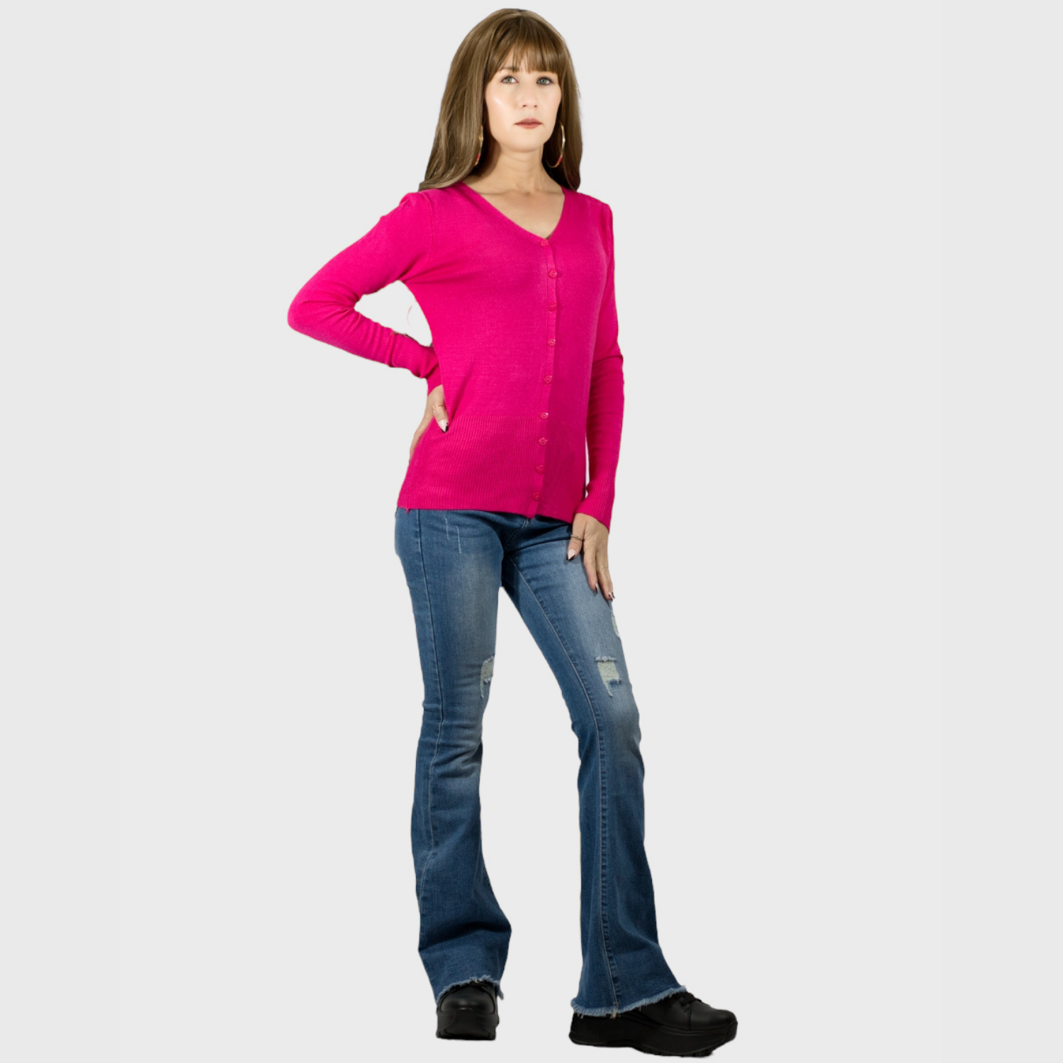 Foto 3 pulgar | Sueter De Punto Para Mujer Suet-1001 Fucsia Sweater De Manga Larga