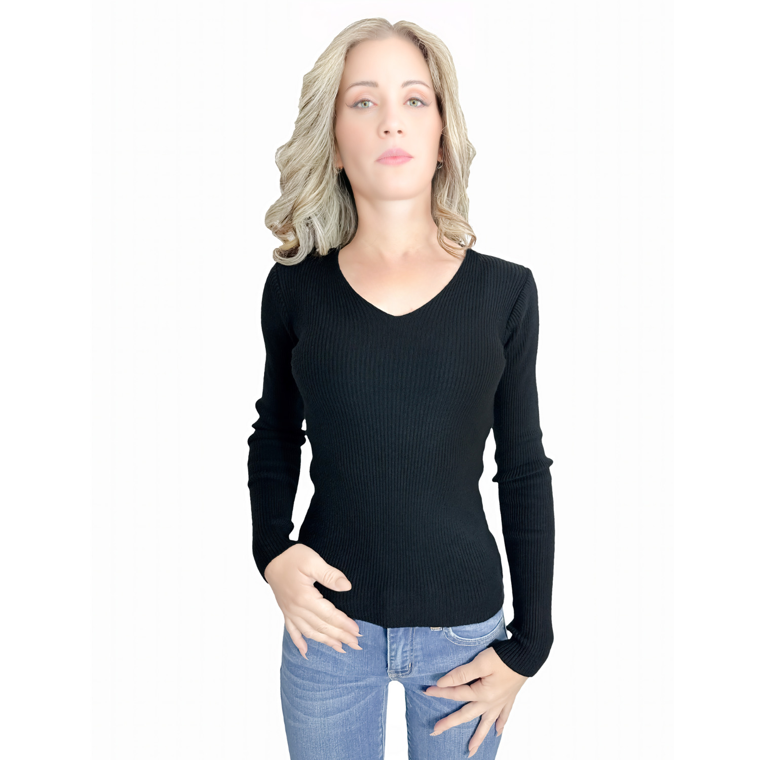 Sueter De Cuello En V Para Mujer Suet-1012 Negro De Punto