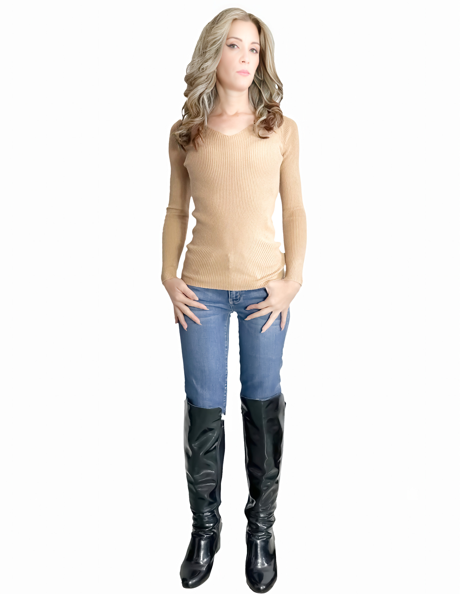 Foto 3 pulgar | Sueter De Cuello En V Para Mujer Suet-1012 Beige De Punto
