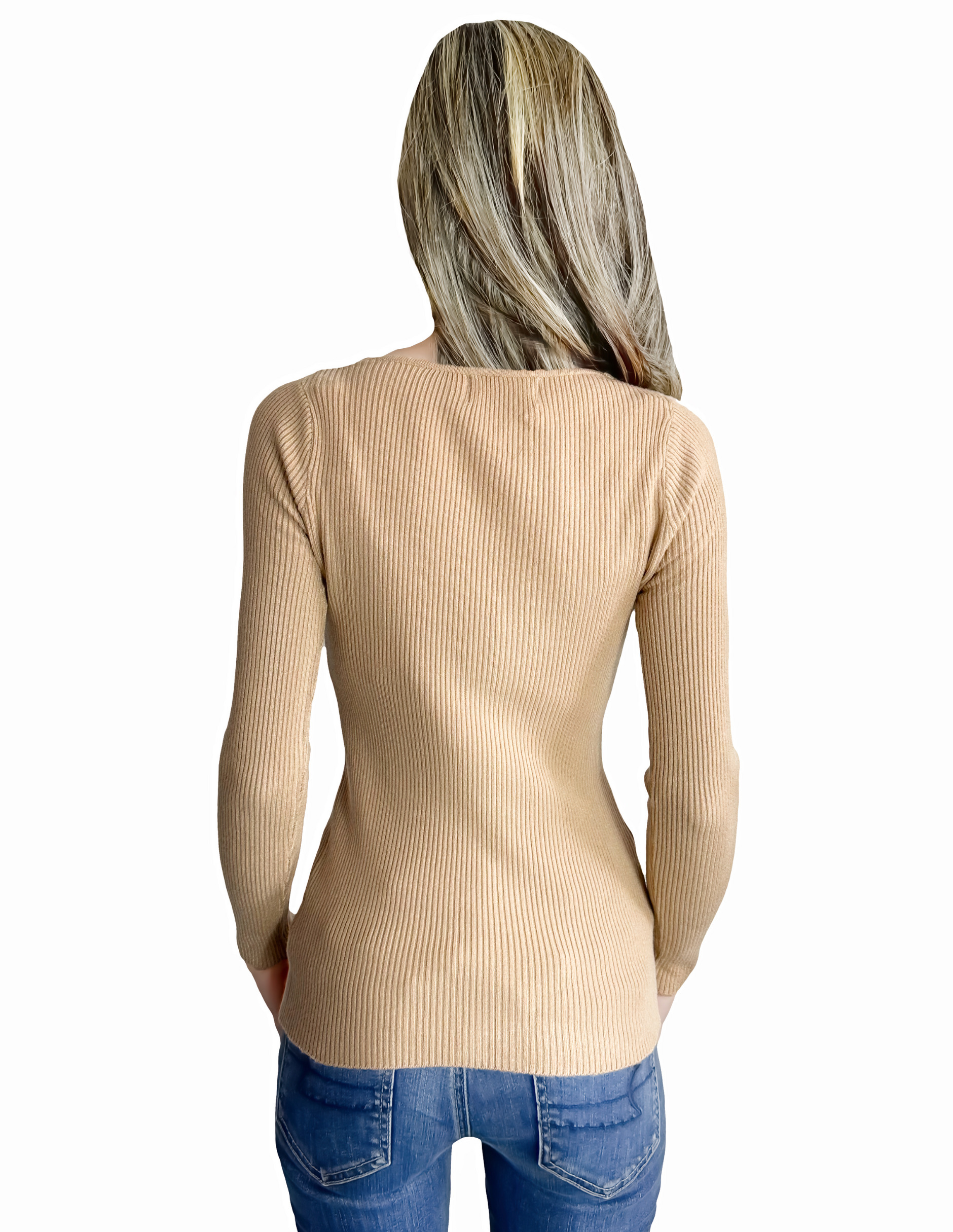 Foto 4 pulgar | Sueter De Cuello En V Para Mujer Suet-1012 Beige De Punto