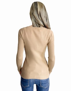 Foto 3 | Sueter De Cuello En V Para Mujer Suet-1012 Beige De Punto