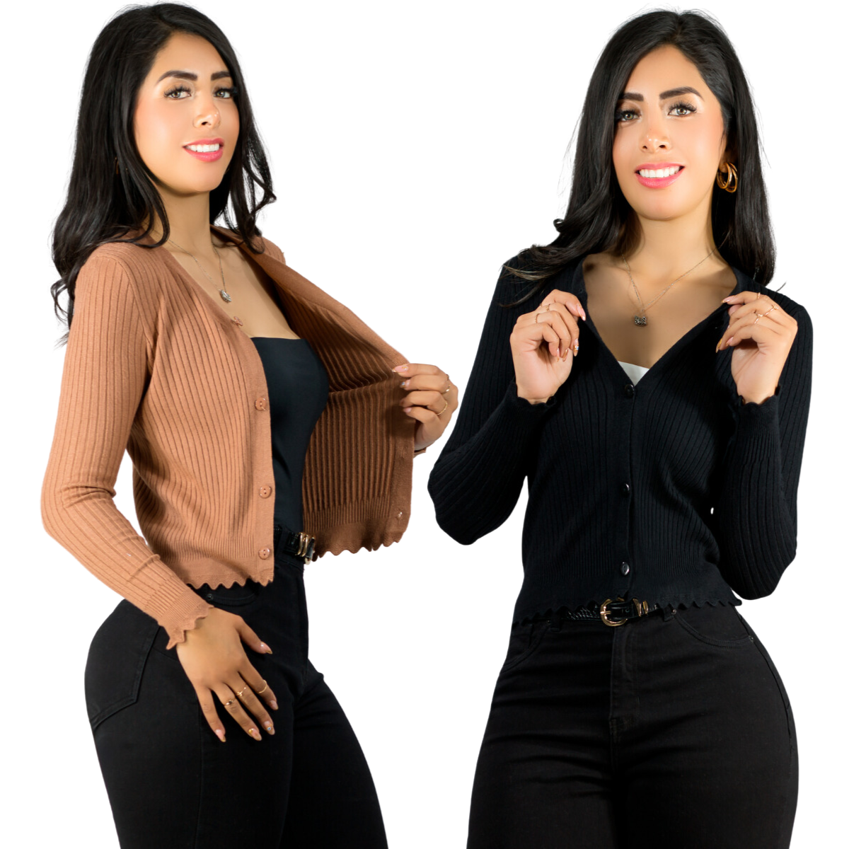 Foto 1 | Set De 2 Sueter De Mujer Manga Larga Sueteres Botones Suet-1034 Negro Y Cafe Sweaters Punto