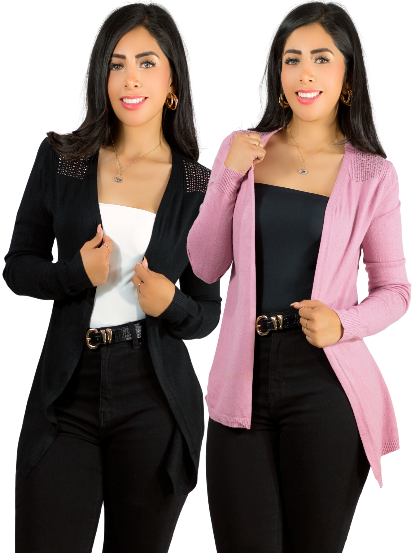 Foto 2 pulgar | Set De 2 Suéter Abierto De Mujer Con Detalles En Estoperoles Suet-1035 Negro Y Rosa Suéter Cardigan