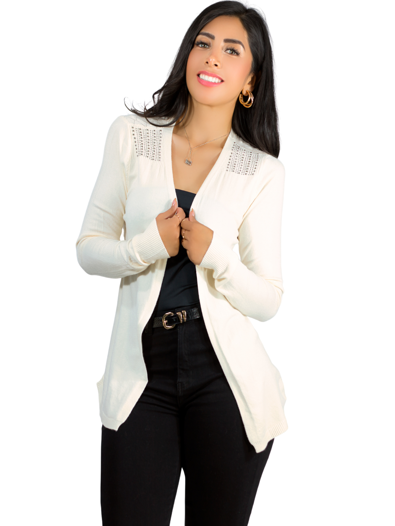 Foto 2 pulgar | Suéter Abierto De Mujer Con Detalles En Estoperoles Suet-1035 Blanco Suéter Cardigan