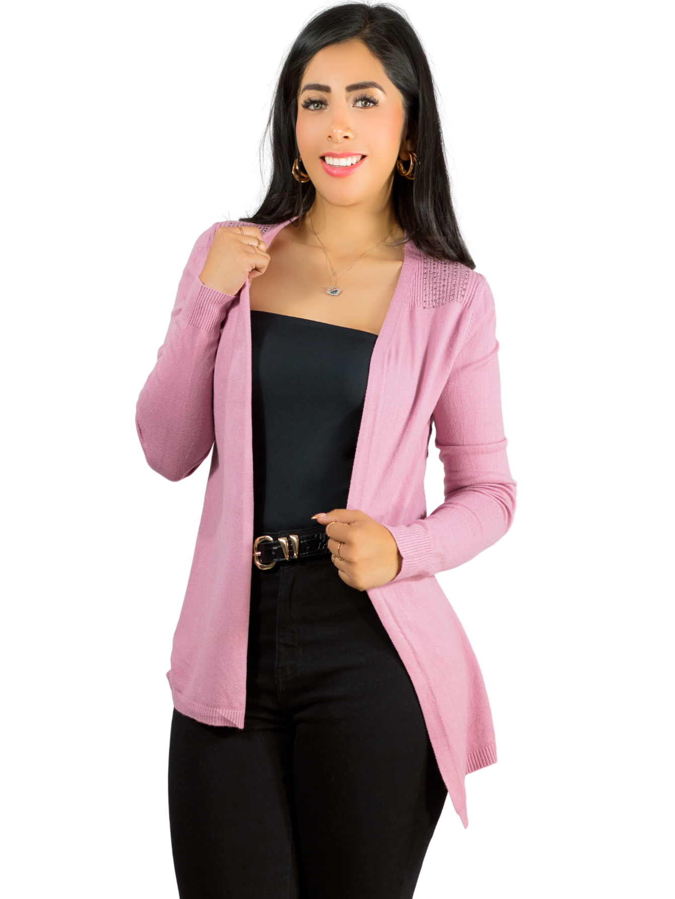 Foto 2 pulgar | Suéter Abierto De Mujer Con Detalles En Estoperoles Suet-1035 Rosa Suéter Cardigan