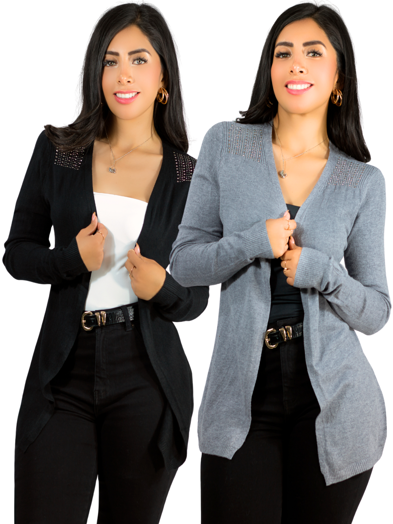 Foto 2 pulgar | Set De 2 Suéter Abierto De Mujer Con Detalles En Estoperoles Suet-1035 Negro Y Gris Suéter Cardigan