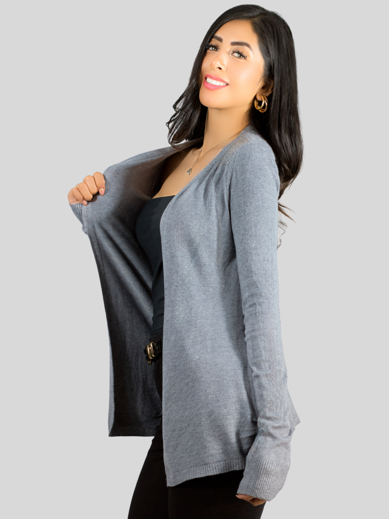 Foto 3 pulgar | Suéter Abierto De Mujer Con Detalles En Estoperoles Suet-1035 Gris Suéter Cardigan