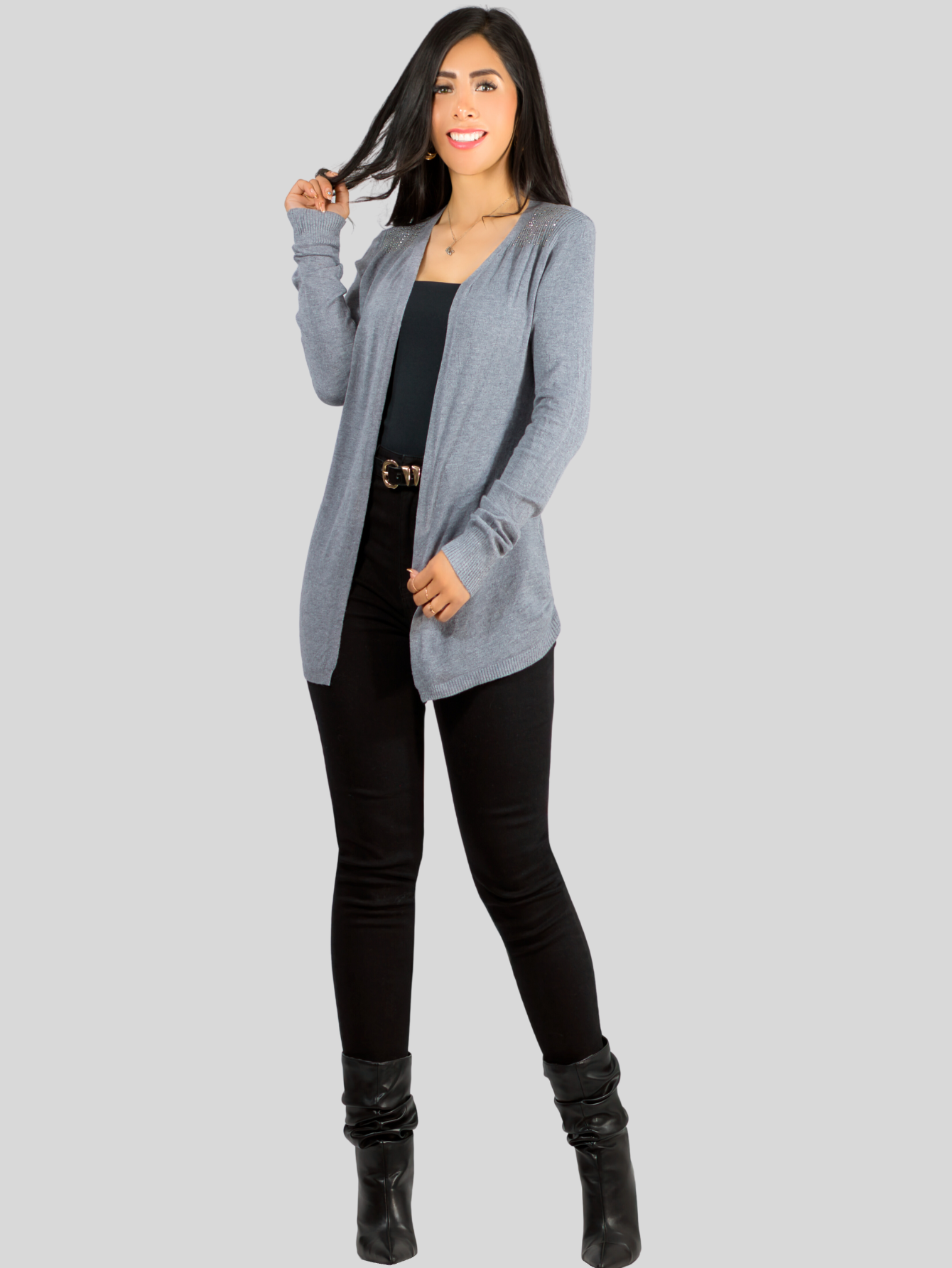 Foto 5 pulgar | Suéter Abierto De Mujer Con Detalles En Estoperoles Suet-1035 Gris Suéter Cardigan