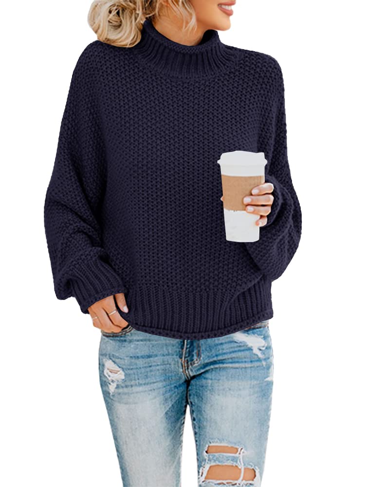 Jersey Saodimallsu De Cuello Alto De Punto Extragrande Azul Marino Para Mujer - Venta Internacional.