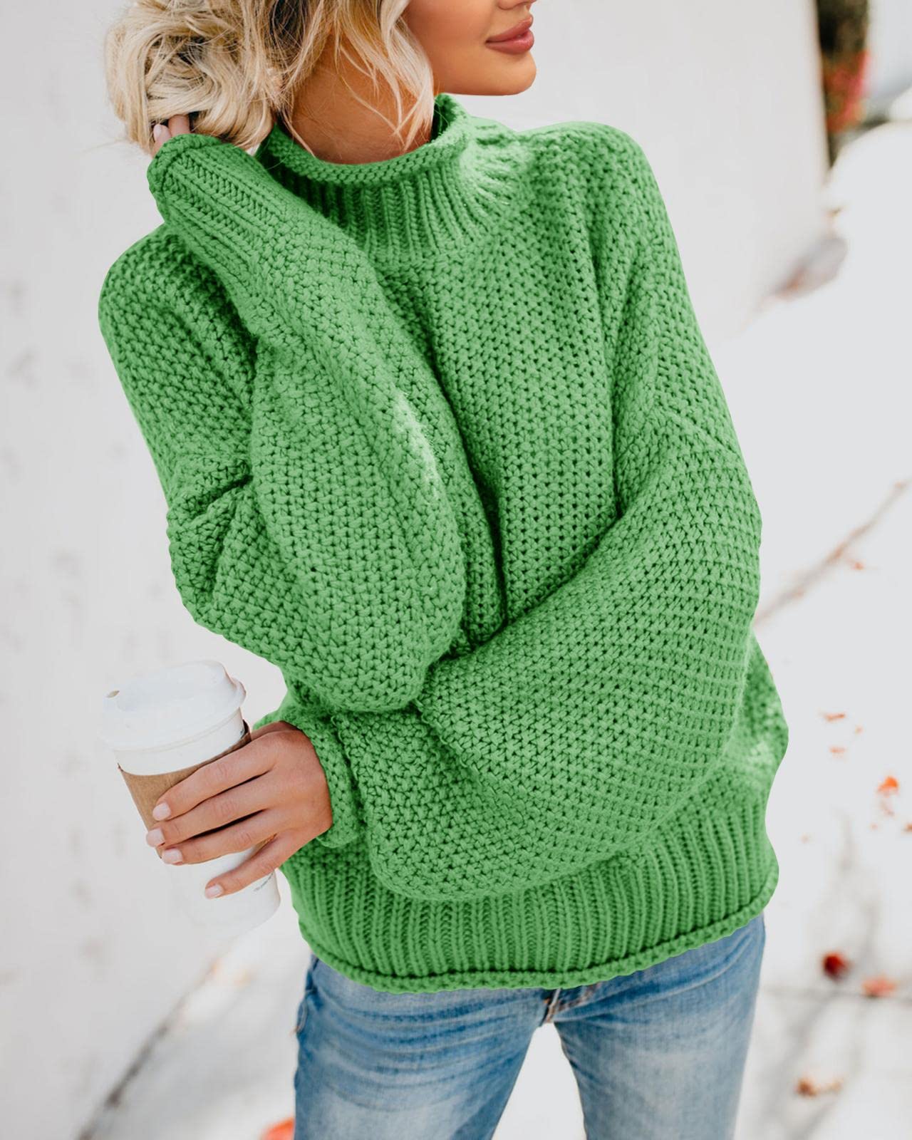 Foto 5 pulgar | Jersey Saodimallsu De Cuello Alto Extragrande Para Mujer, Verde Claro - Venta Internacional.