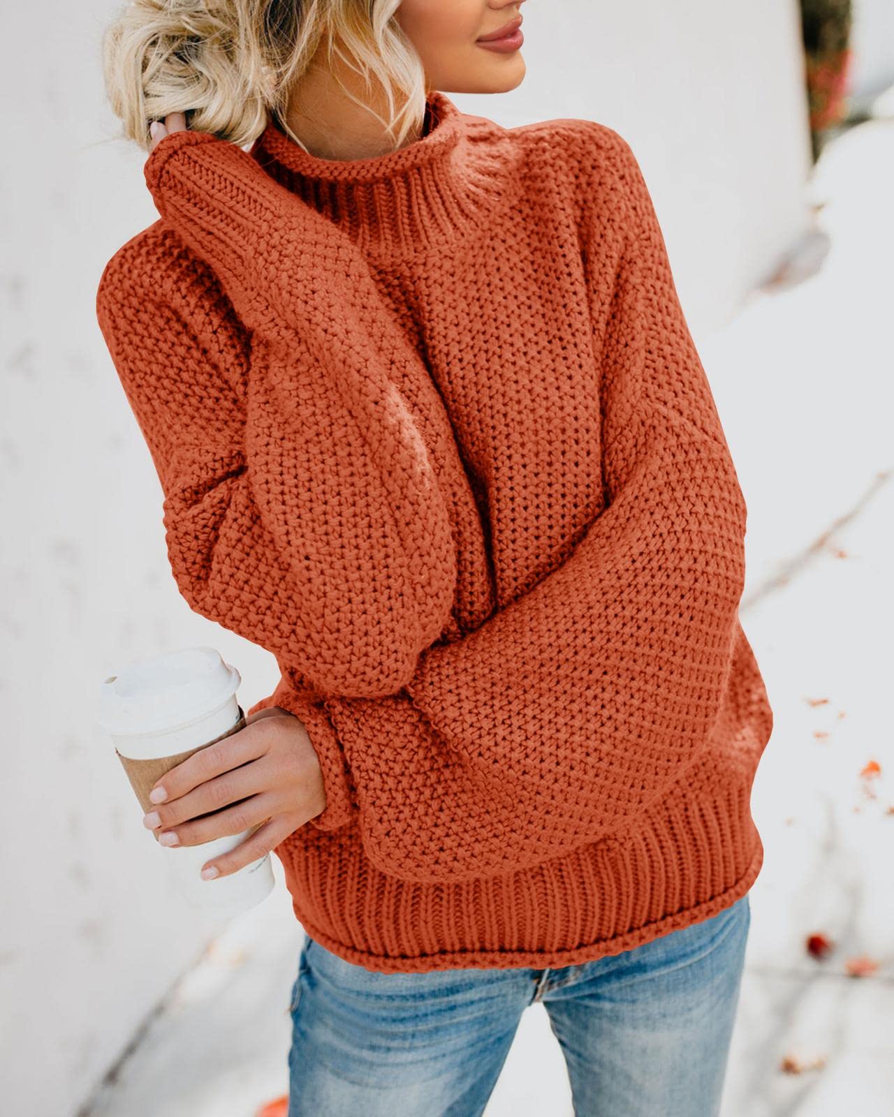 Foto 5 pulgar | Jersey Saodimallsu De Cuello Alto Para Mujer, De Gran Tamaño, Rojo Ladrillo - Venta Internacional.