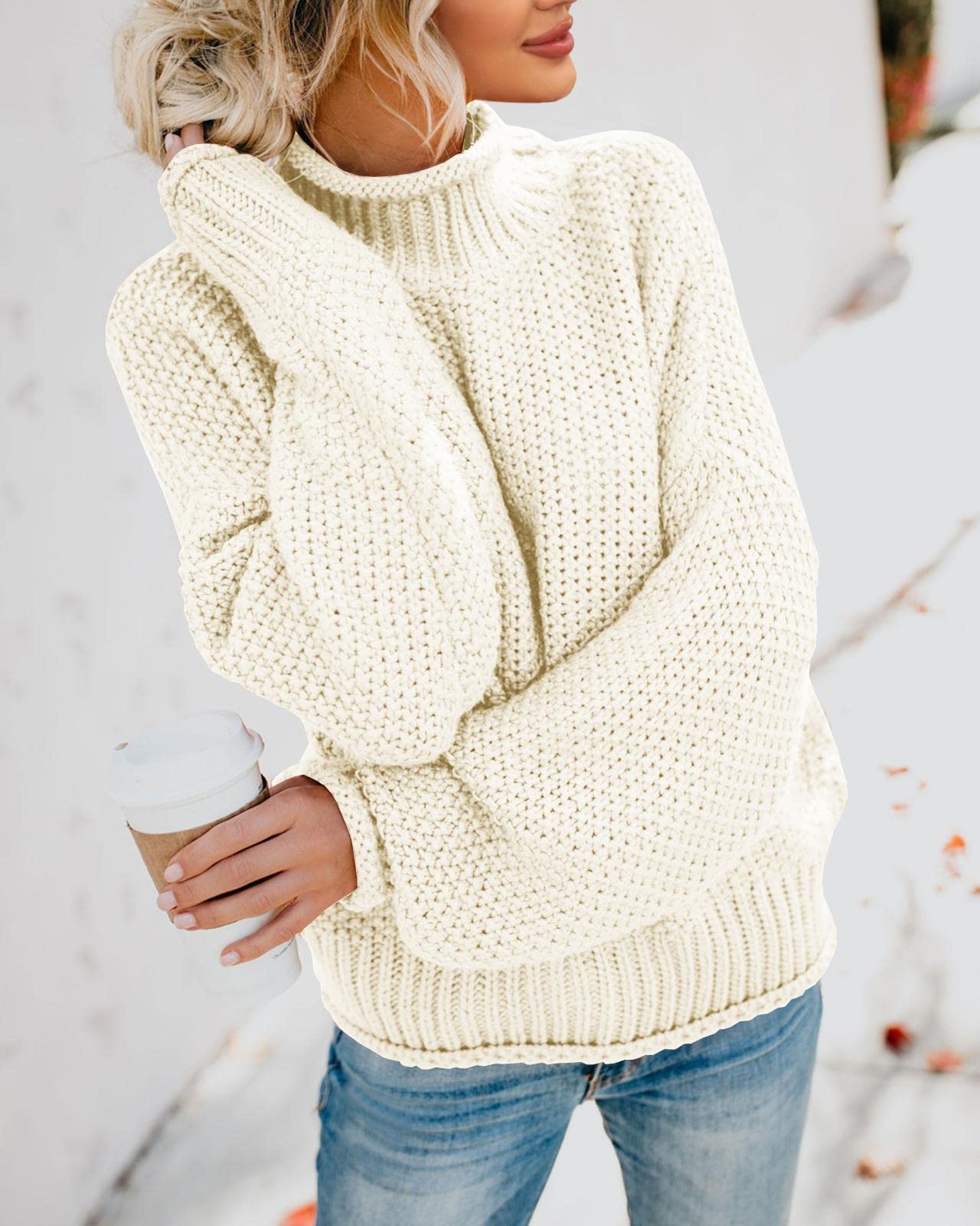 Foto 5 pulgar | Jersey Saodimallsu De Cuello Alto De Punto Extragrande Beige-blanco Para Mujer - Venta Internacional.