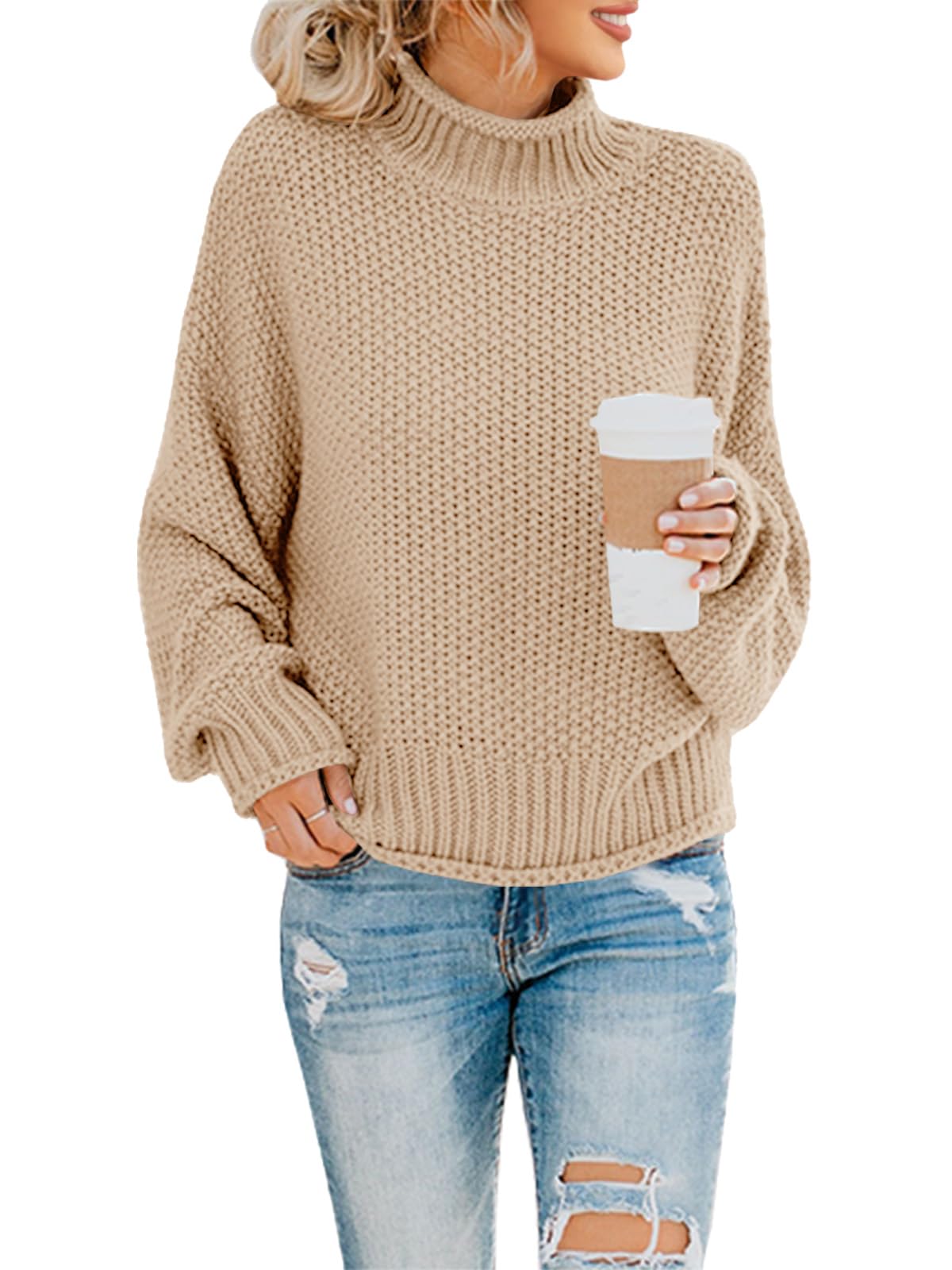 Foto 1 | Jersey Saodimallsu De Cuello Alto De Gran Tamaño Para Mujer, Color Caqui Claro - Venta Internacional.