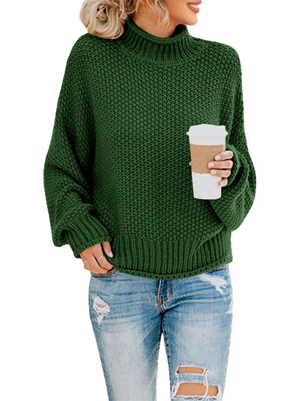 Foto 2 pulgar | Jersey Saodimallsu De Cuello Alto De Gran Tamaño Para Mujer Verde Oscuro - Venta Internacional.