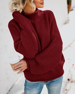 Foto 4 | Jersey Saodimallsu De Cuello Alto De Punto Extragrande Rojo Vino Para Mujer - Venta Internacional.