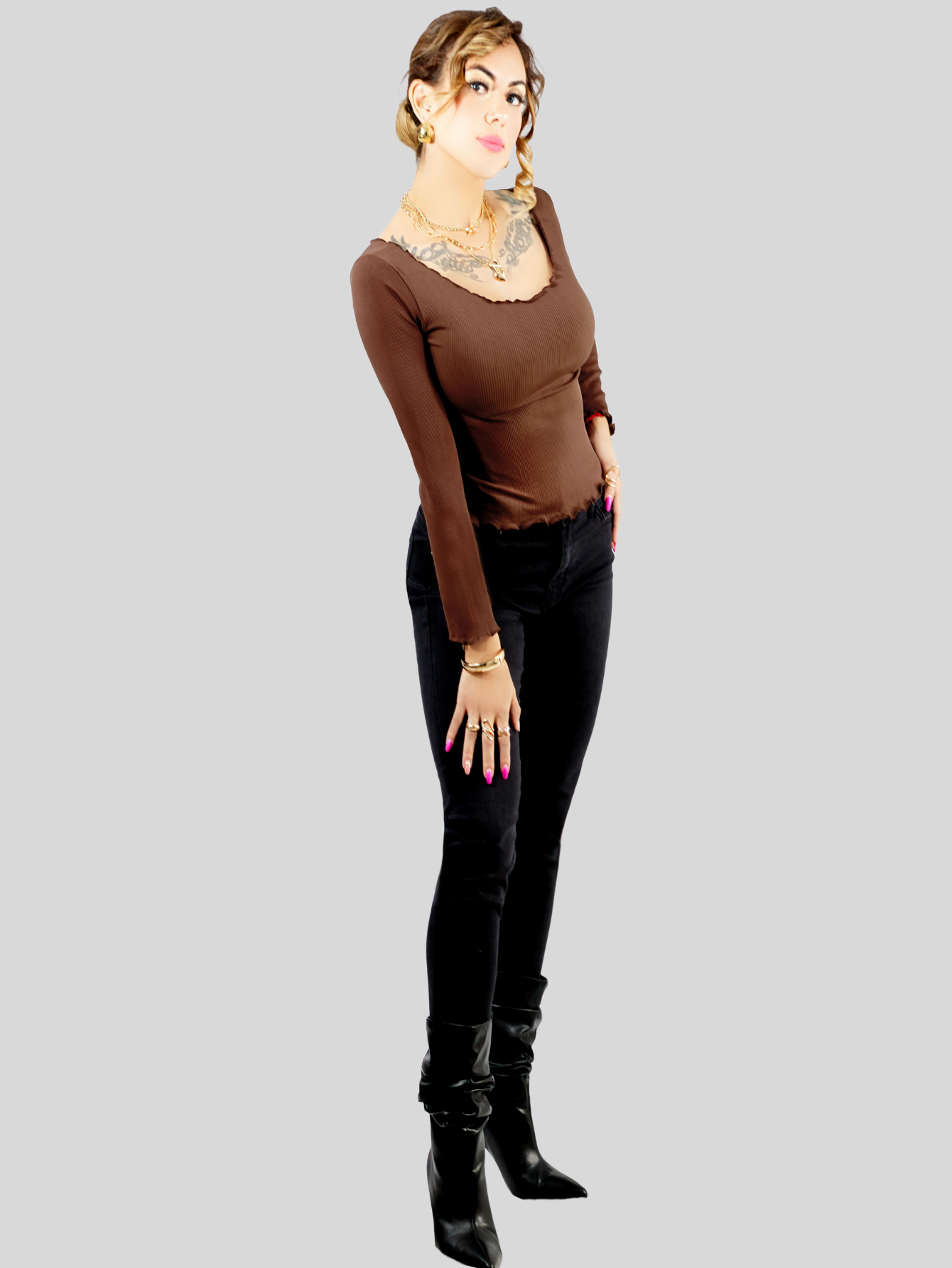 Foto 3 pulgar | Sueter Ligero Dama Blusa Manga Larga Mujer Sueteres Suet-1014 Cafe Sweaters