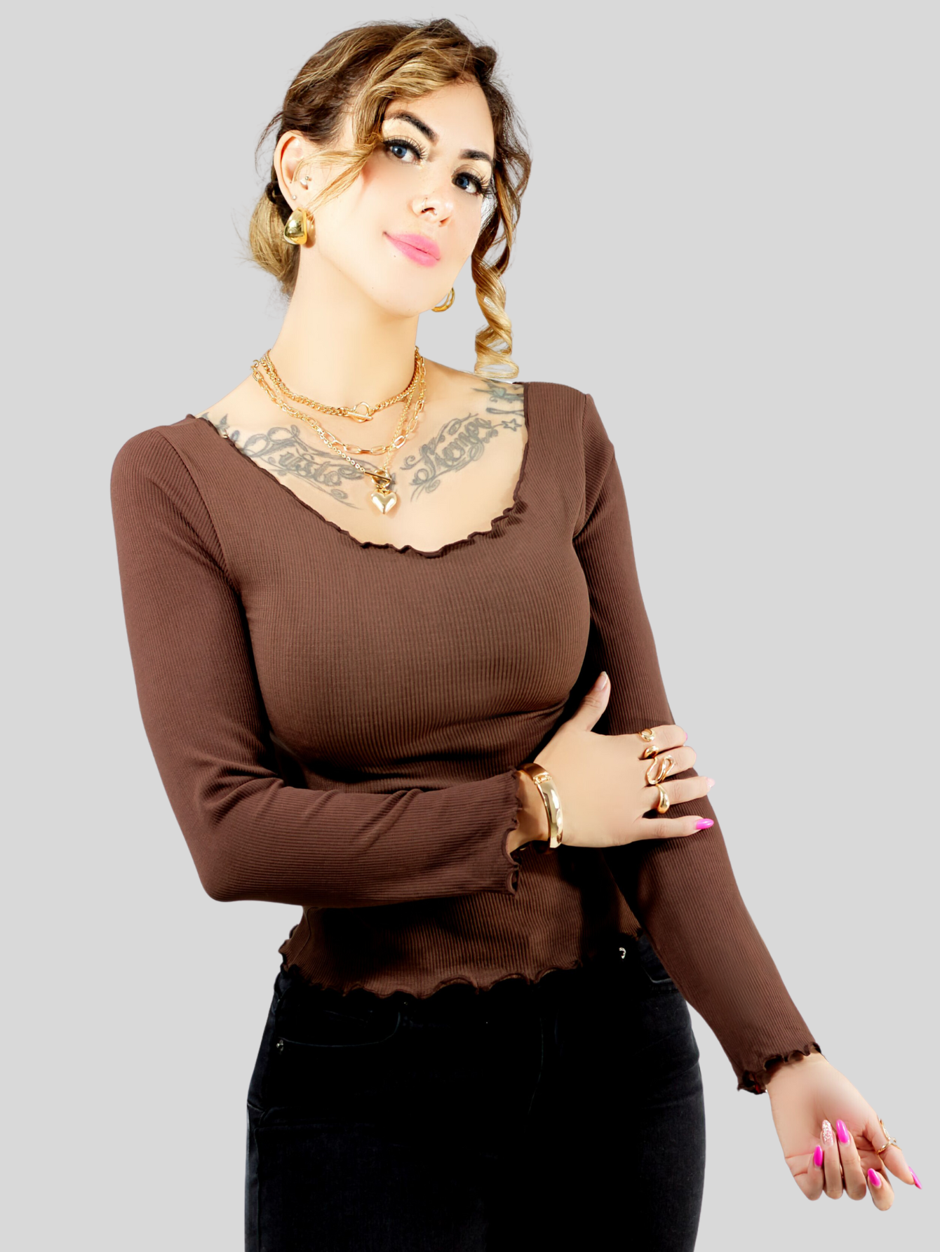 Foto 5 pulgar | Sueter Ligero Dama Blusa Manga Larga Mujer Sueteres Suet-1014 Cafe Sweaters