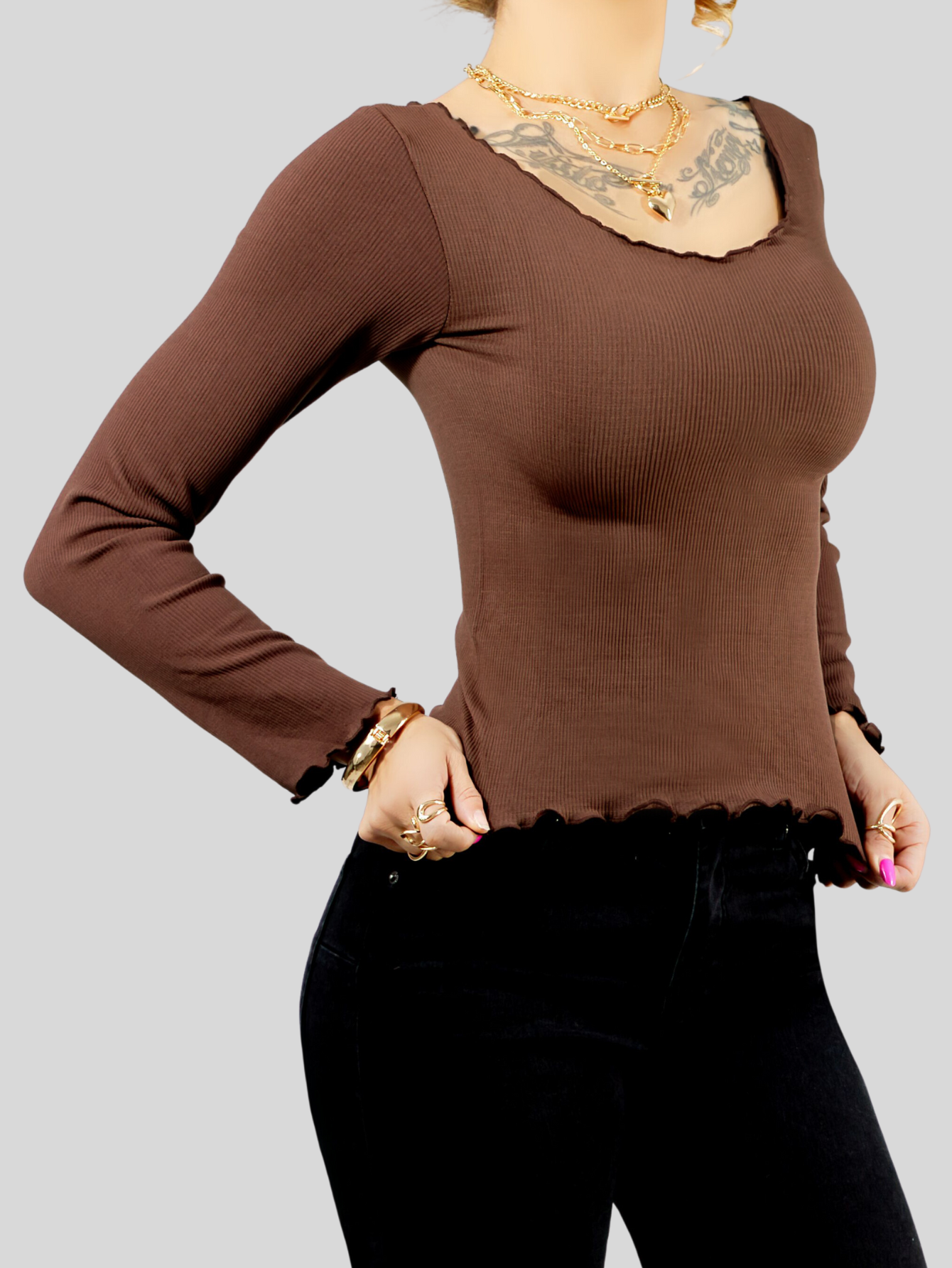 Foto 6 pulgar | Sueter Ligero Dama Blusa Manga Larga Mujer Sueteres Suet-1014 Cafe Sweaters